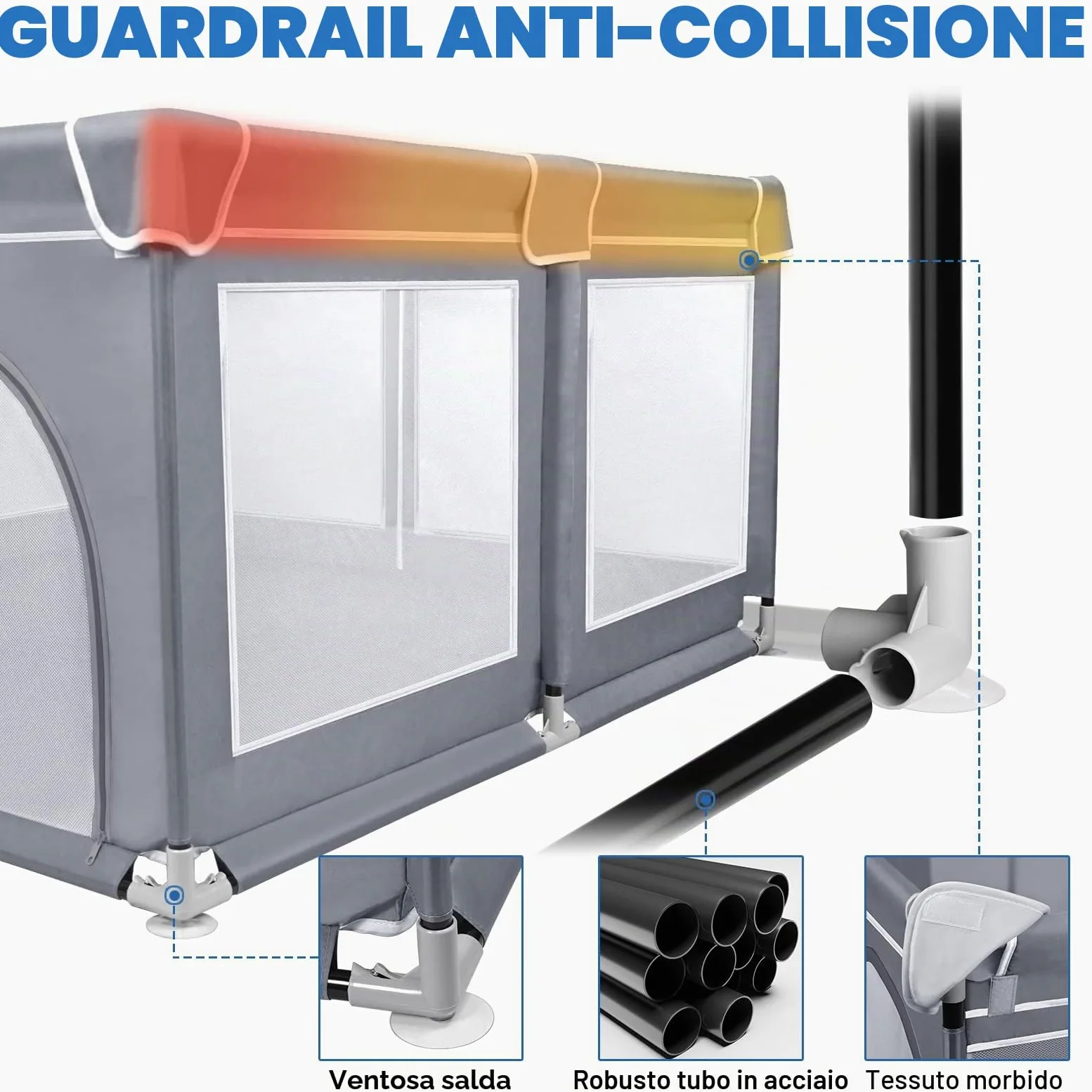 ACXIN Box per bambini, 150 x 180 x 68 cm, con base antiscivolo e rete traspirante, stabile griglia di intercettazione per bambini, grigio