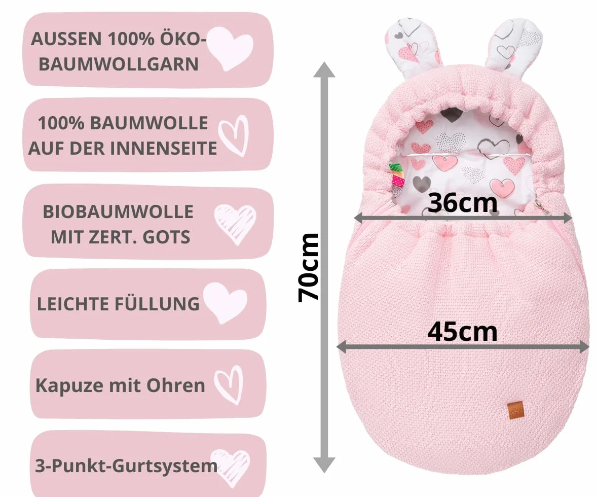 Mikos Coperta per ovetto, autunno inverno, sacco nanna con cerniera, 100% cotone GOTS Zert. coperta a maglia con imbottitura, universale, per passeggini, primavera, Maxi Cosi a 3 punti (50) (rosa)