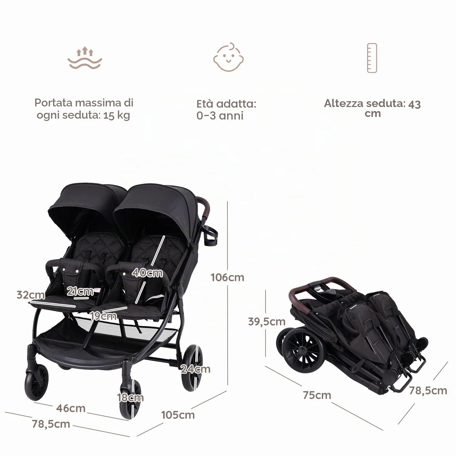LIFEZEAL Passeggino gemellare, passeggino per gemelli pieghevole, passeggino doppio con schienale reclinabile in 3 posizioni, imbracatura a 5 punti, per bambini da 0 a 3 anni (grigio scuro)