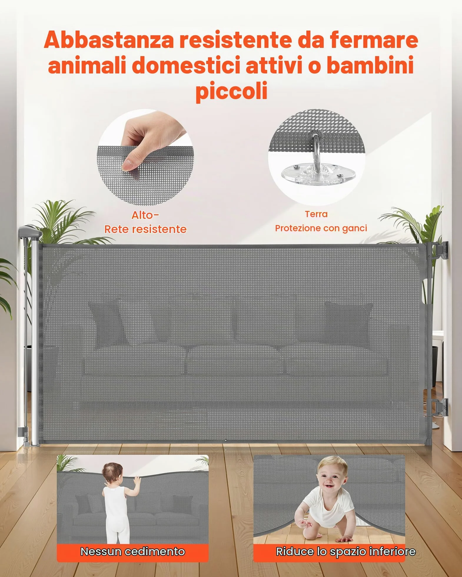 VEVOR Cancelletto Retrattile, Estensibile Fino a 1850 mm di Larghezza, 795 mm di Altezza, con Blocco di Sicurezza, Attraversabile Senza Inciampare, Cancelletto in Rete per Cani Scale, Grigio
