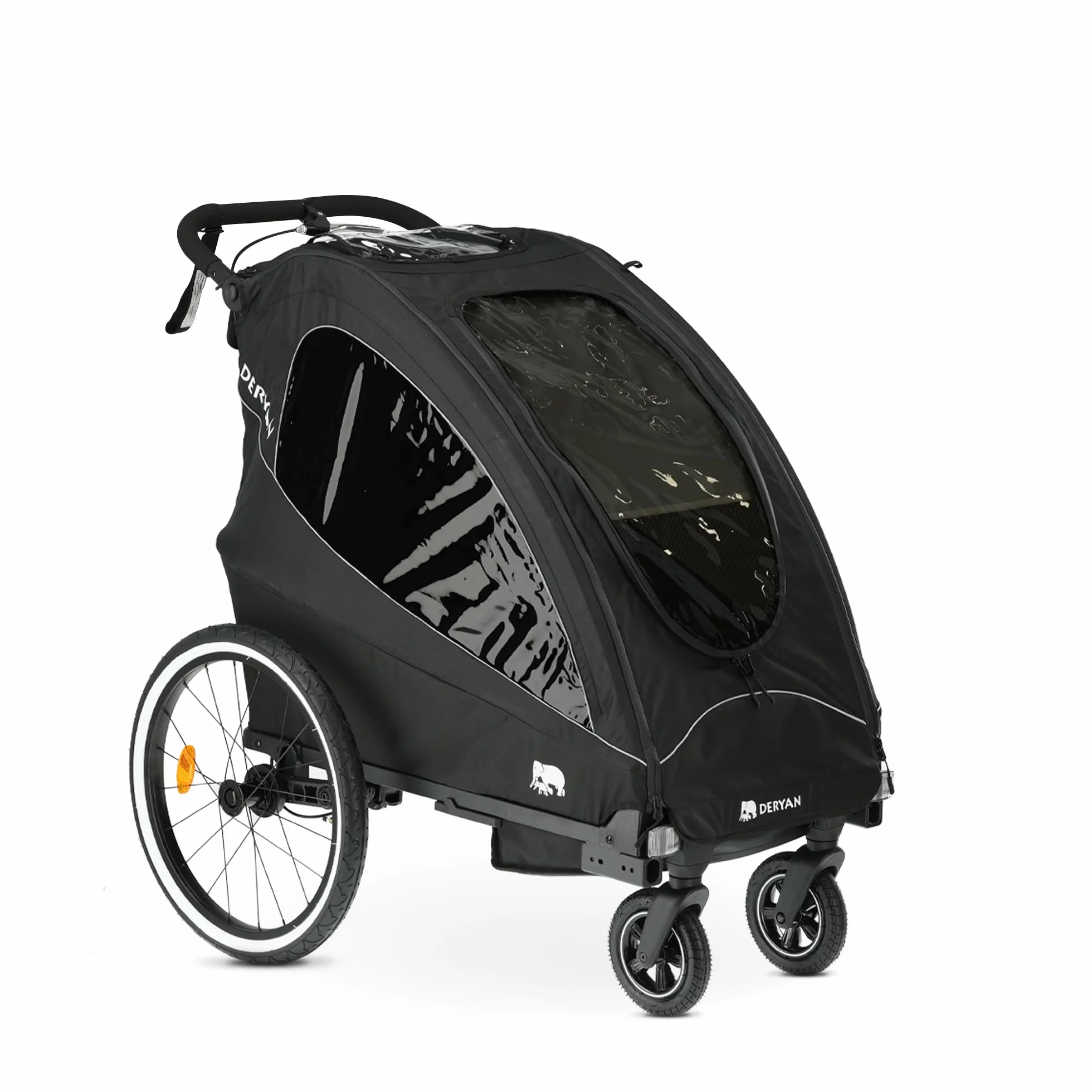 Deryan Luxus 3-in-1 Rimorchio per Bicicletta per 1 Bambini – Rimorchio per Bicicletta, Passeggino & Jogger – Passeggino Multifunzionale con Cintura a 5 Punti – Nero
