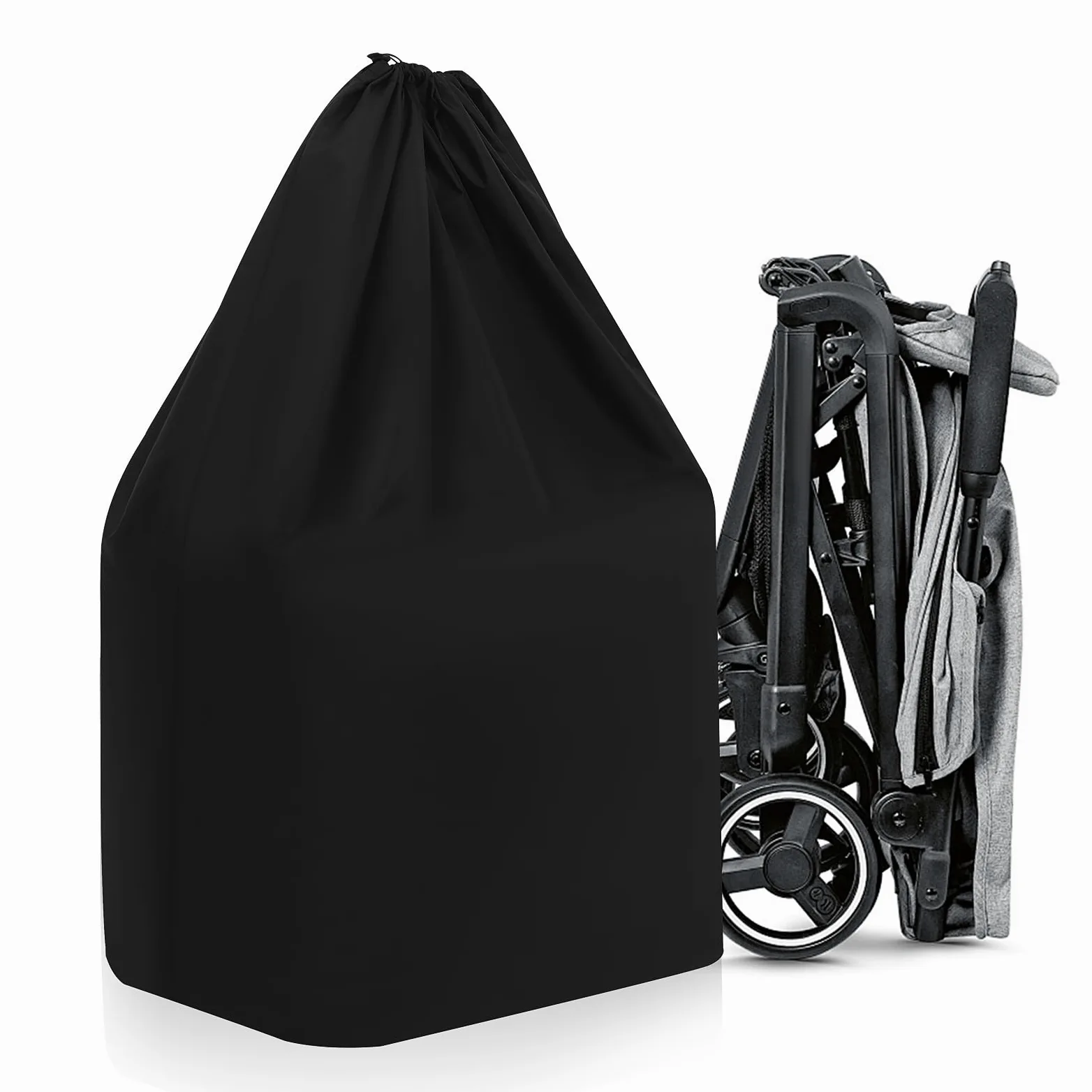 Borsa da Viaggio per Passeggino, Borsa Porta Passeggino Nera in Nylon | Due Spallacci Cuciture Rinforzate Chiusura a Coulisse Bloccabile per Viaggio in Aereo e Gate Check