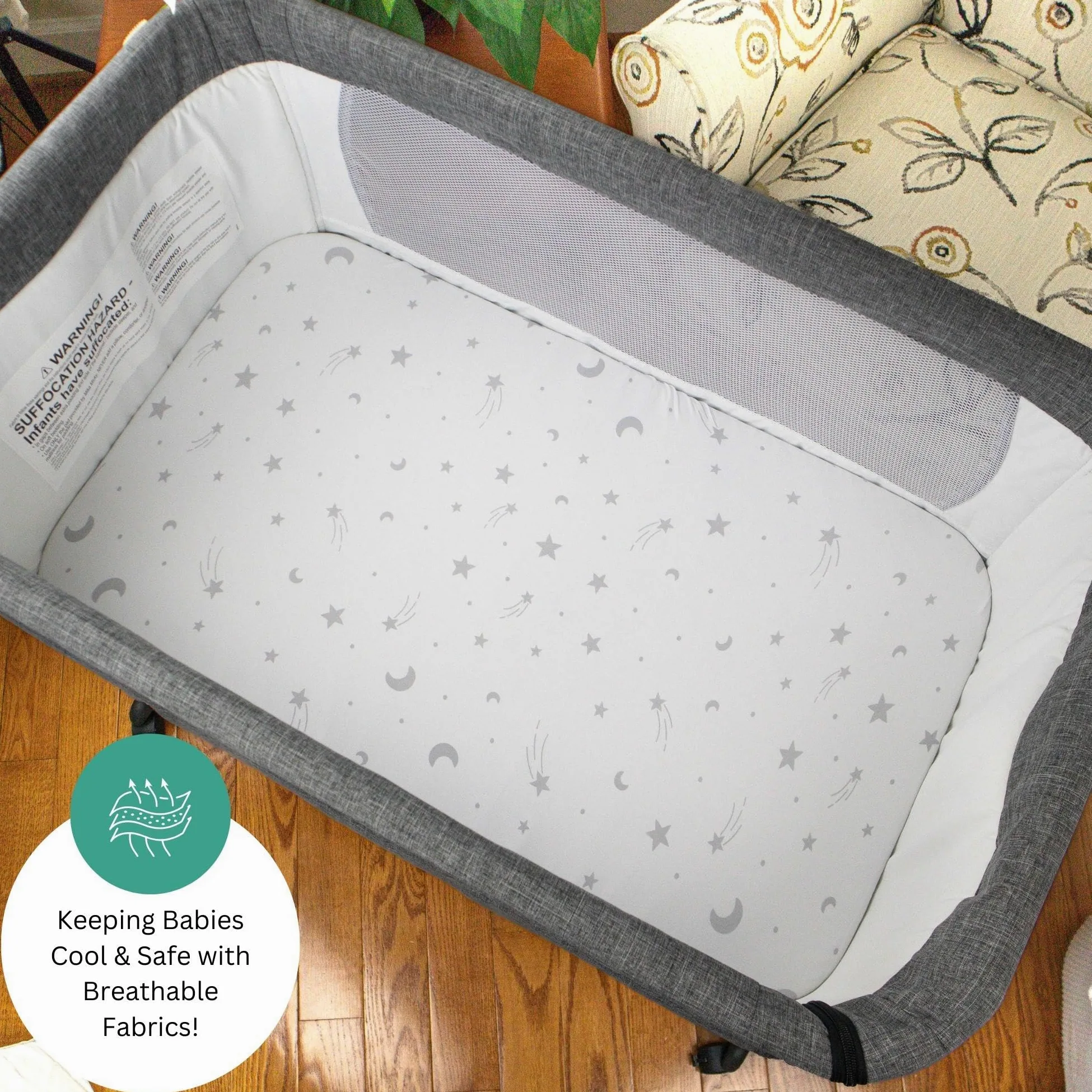 TansyPanda - Lenzuola per culla per Cloud Baby, Yacul, Dream On Me Traveler, Skylar, BabyBond, Simmons, 3 pezzi, 83,8 x 50,8 cm, ultra morbide, traspiranti, aderenti, unisex, grigio bianco (luna,