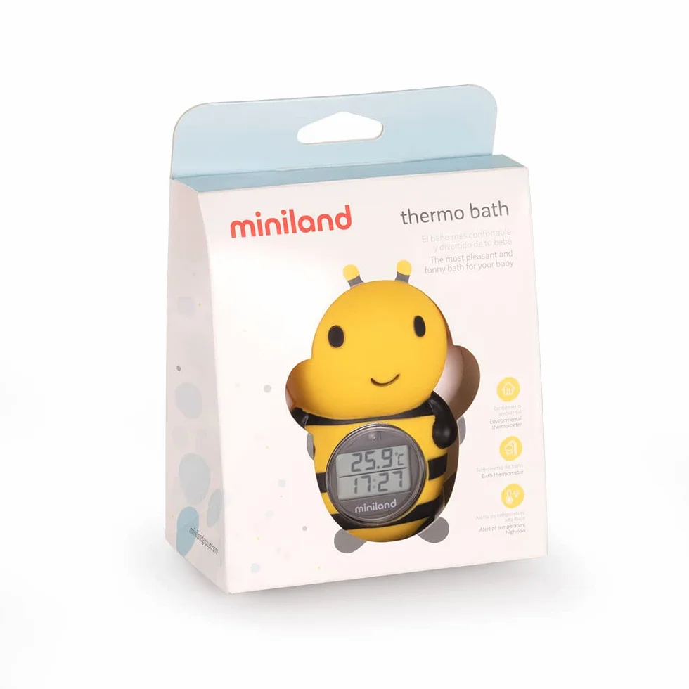 Miniland Termometro da bagno per neonati con divertente design a forma di ape, termometro da vasca per neonati, display con funzione orologio e timer, galleggiante e resistente all'acqua | Bee