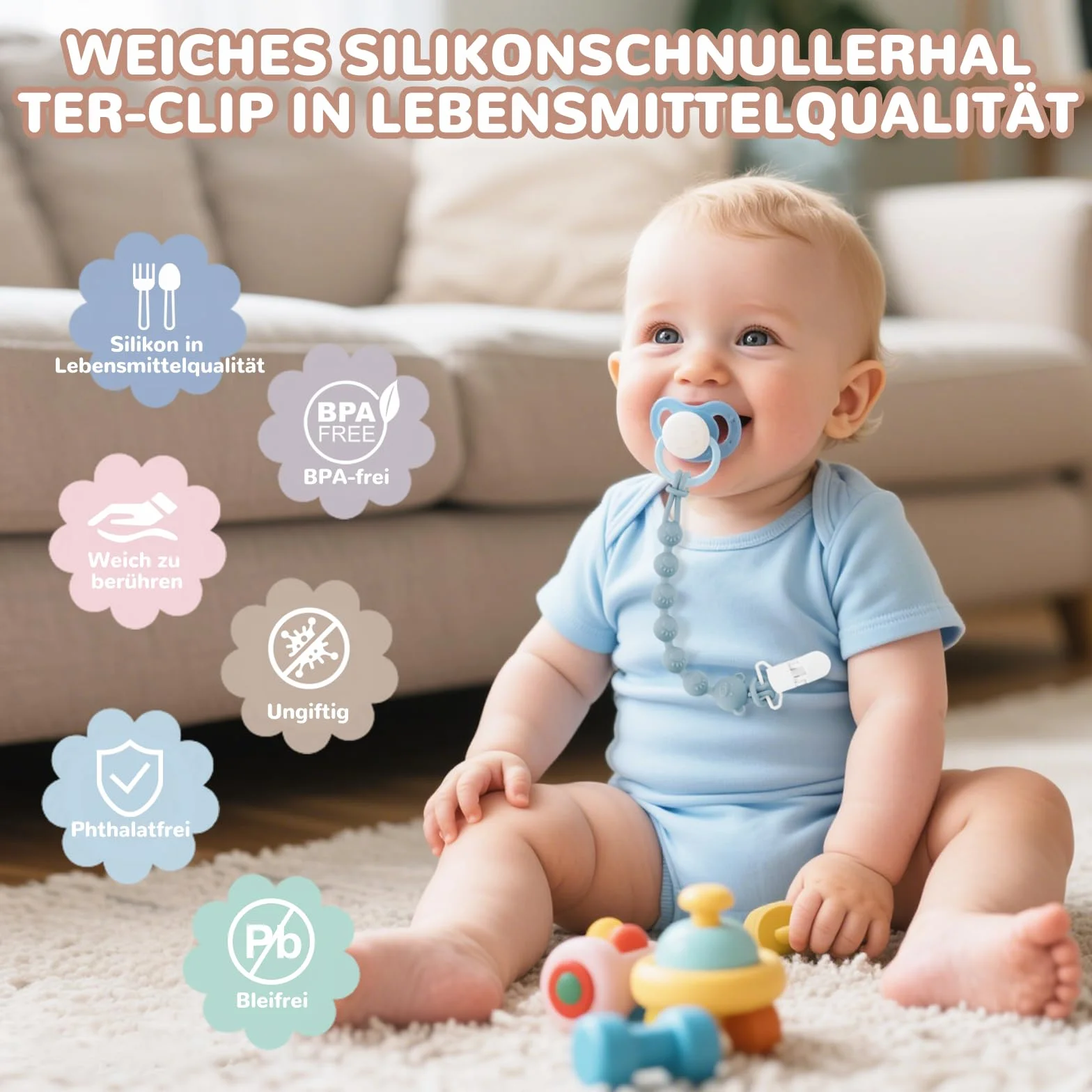 Confezione da 4 catenelle per ciuccio, in silicone con clip di sicurezza, per ragazzi e ragazze, Pacifier Chain e clip per ciuccio, facile da pulire, catene per ciuccio per passeggini e