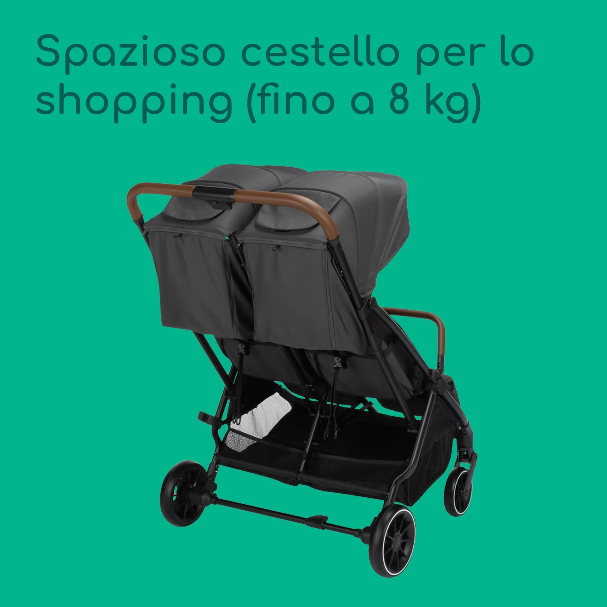 Bebeconfort Mane Passeggino Gemellare Leggero, 0-22 kg, Chiusura Automatica, Passeggino Doppio Pieghevole e Reclinabile, Corrimano, Parapioggia, Cestello Capiente (8 kg), Mineral Graphite
