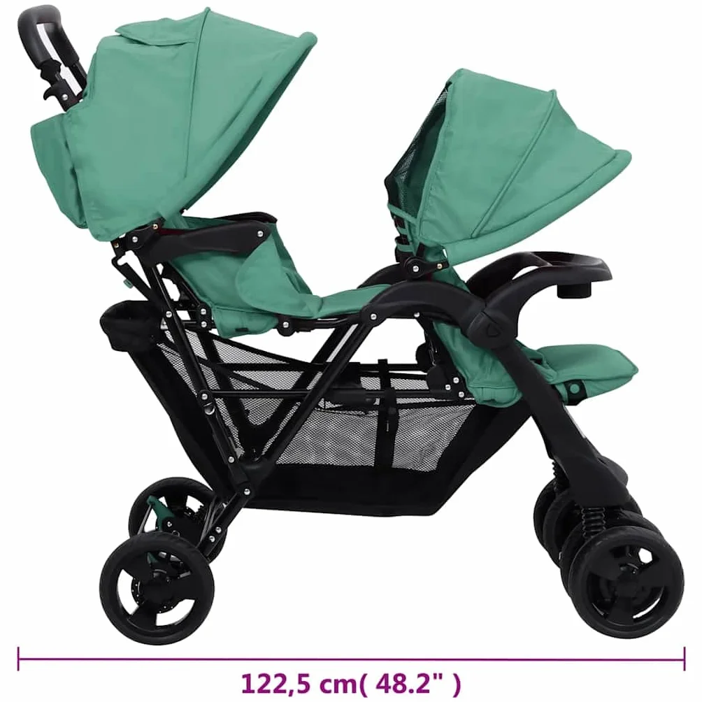 vidaXL Passeggino Gemellare a Tandem Verde in Acciaio