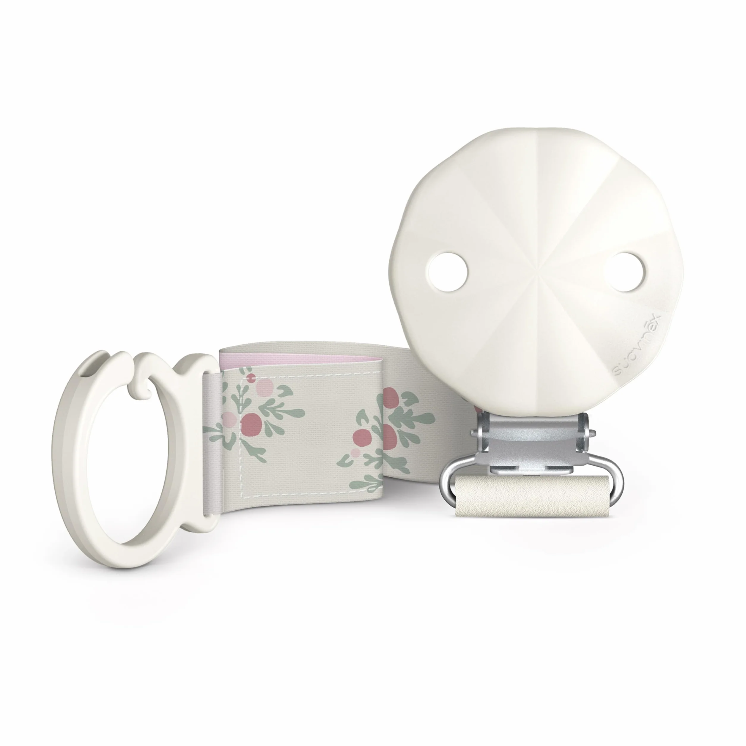 Suavinex, Portaciuccio in tessuto per neonati, morbido e flessibile, nastro con decoro su due lati, clip per ciuccio con pinza. Per neonati +0 mesi, adatto per neonati, Poetry Rosa