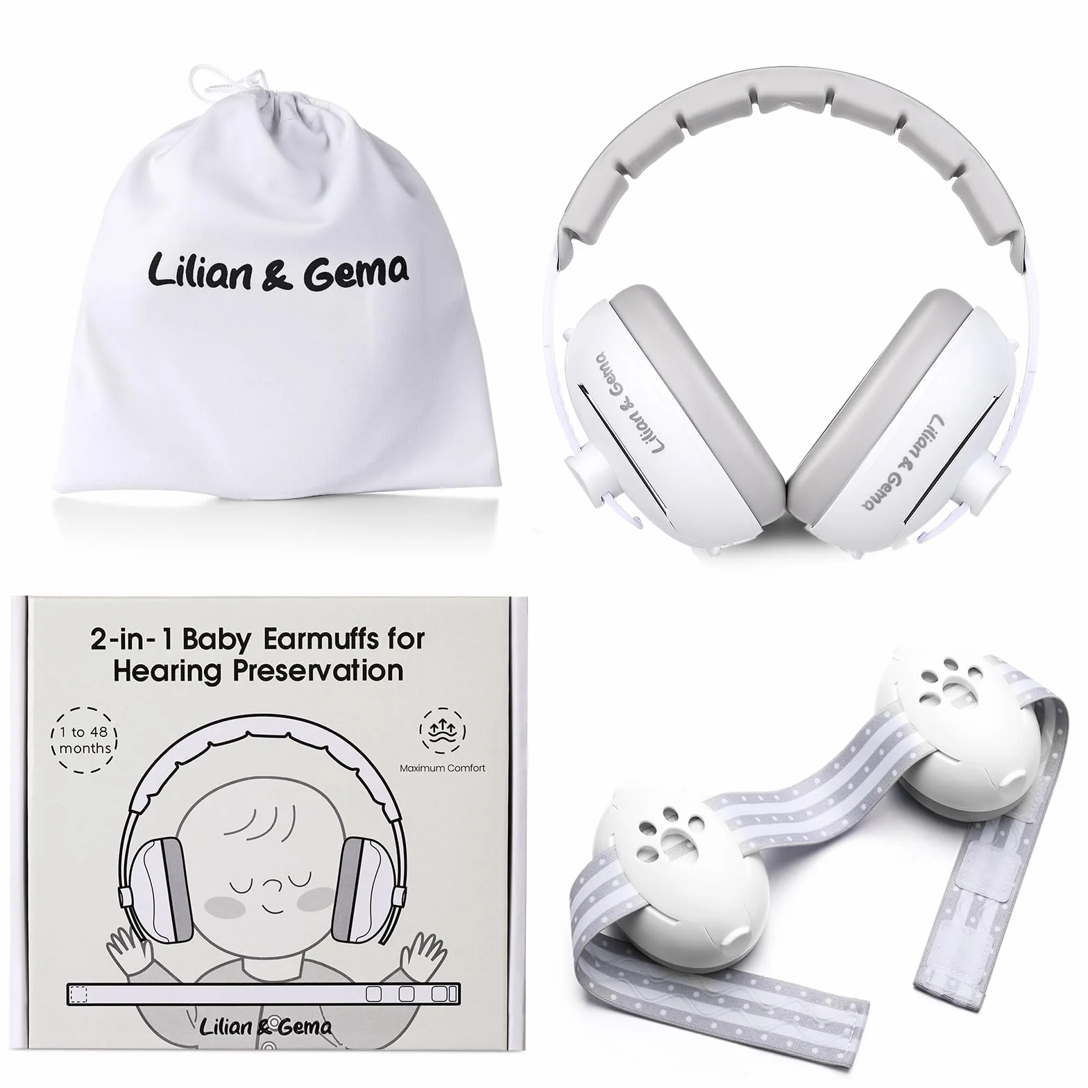 Lilian&Gema 2 in 1 Cuffie Neonato Antirumore -25dB,Protettori acustici per neonati, archetto regolabile, antiscivolo e antistress, protezione acustica ideale per neonati fino a 48 mesi