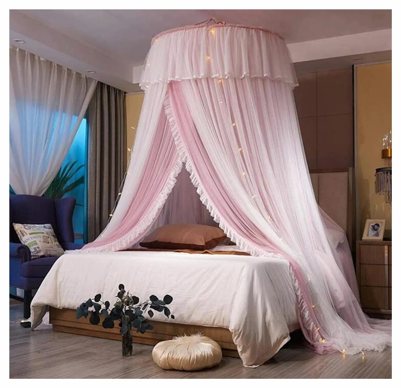 Tenda da Letto, Baldacchino da Letto, for Ragazze, Tenda a baldacchino - a Cupola in Rete Trasparente a Doppio Strato con zanzariera Princess in Pizzo Rotondo for Letti Gemelli Queen King