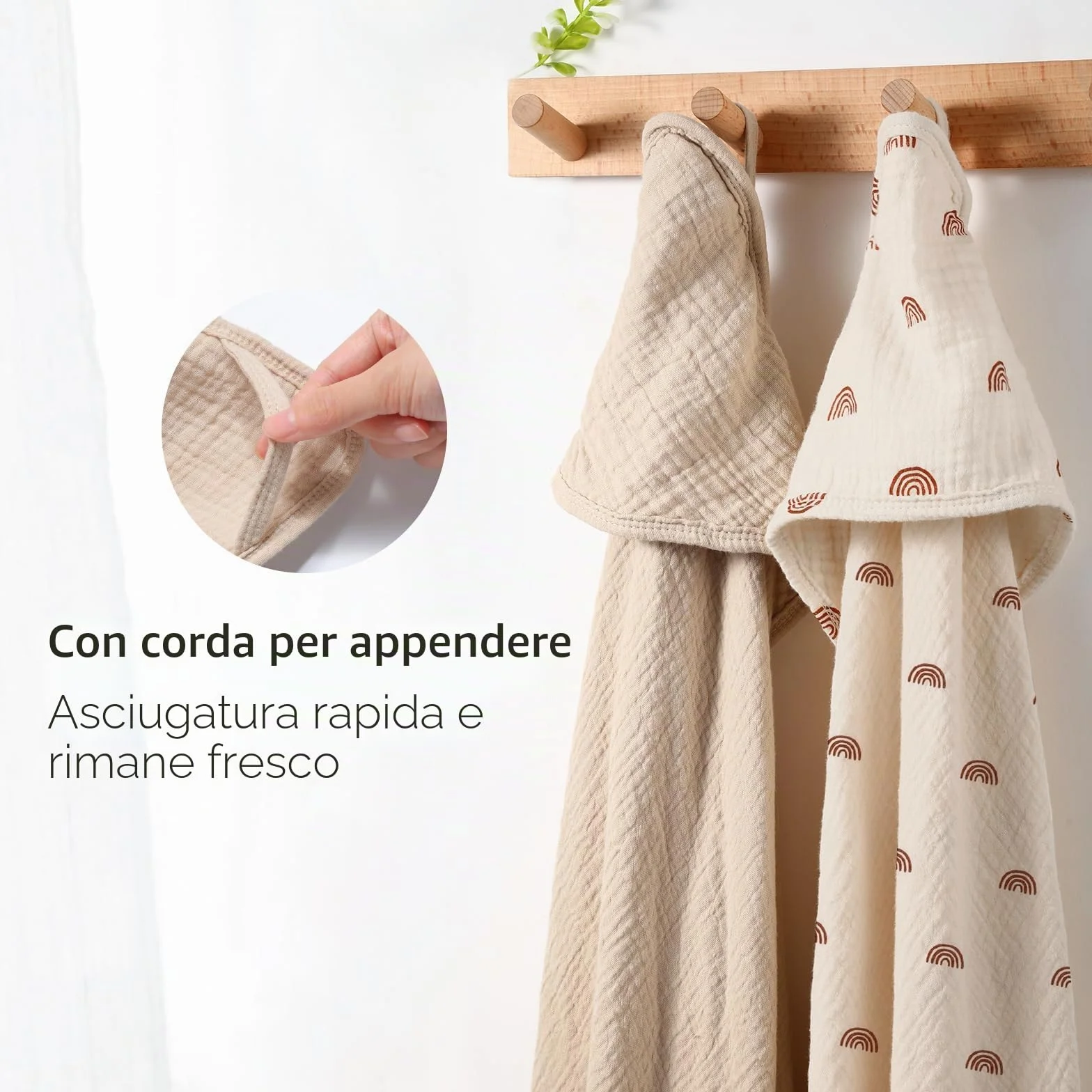 Asciugamani con Cappuccio per Bambini, Asciugamano Neonato in Mussola di Cotone, Asciugamano Morbido e Assorbente con Cappuccio per Bambini da 0 a 18 mesi, 76 x 76 cm, 2 Pezzi (Arcobaleno)
