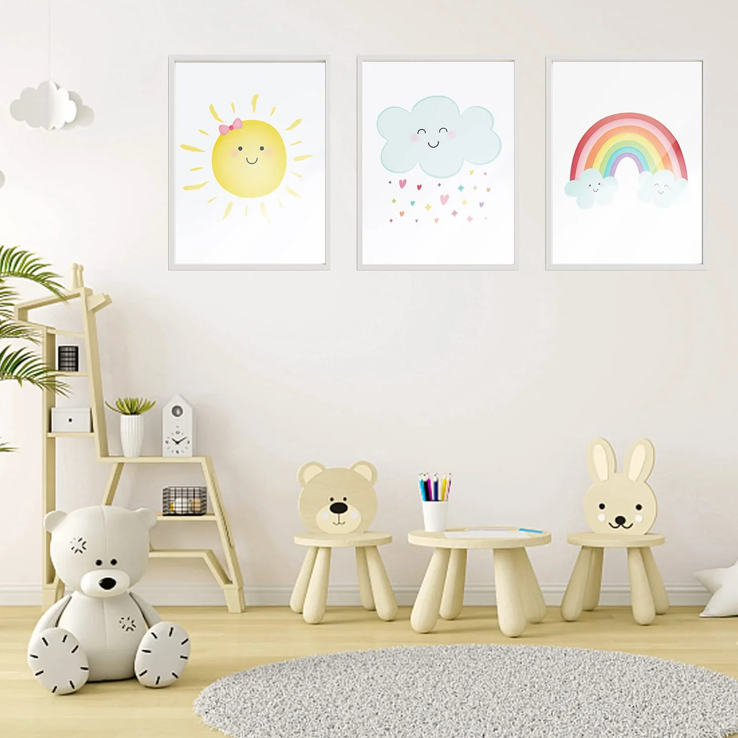 DNGH Quadri Cameretta Bambino Poster Cameretta Bambini Cartone Animato Sole Nuvola Arcobaleno Poster per Neonato Ragazzi Ragazze Bambini Soggiorno Camera da Letto Decorazione da Parete (Colore)