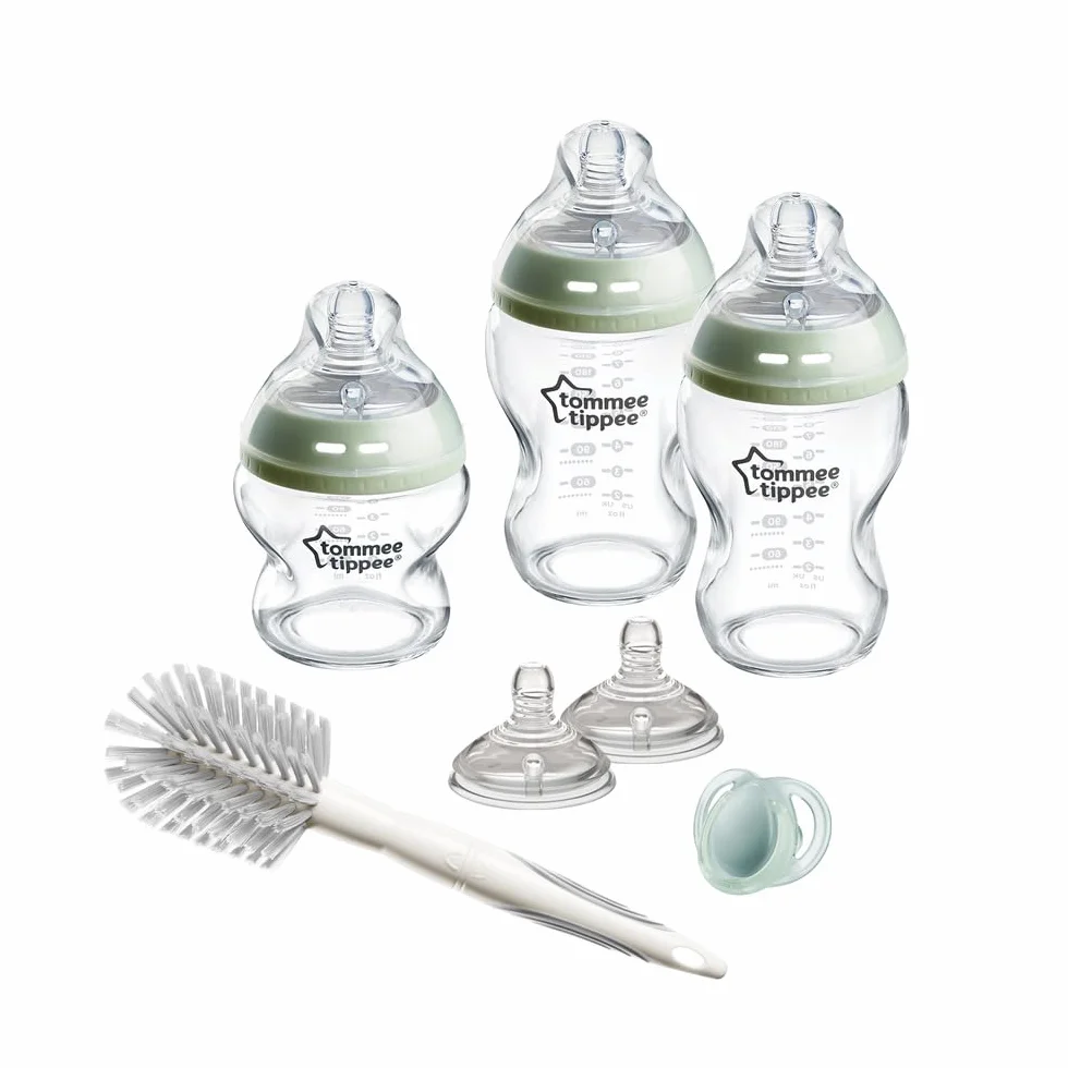 Tommee Tippee Biberon in vetro, set starter Natural Start, anti-coliche 150/250 ml, tettarelle a flusso medio per attaccamento naturale, autosterilizzante