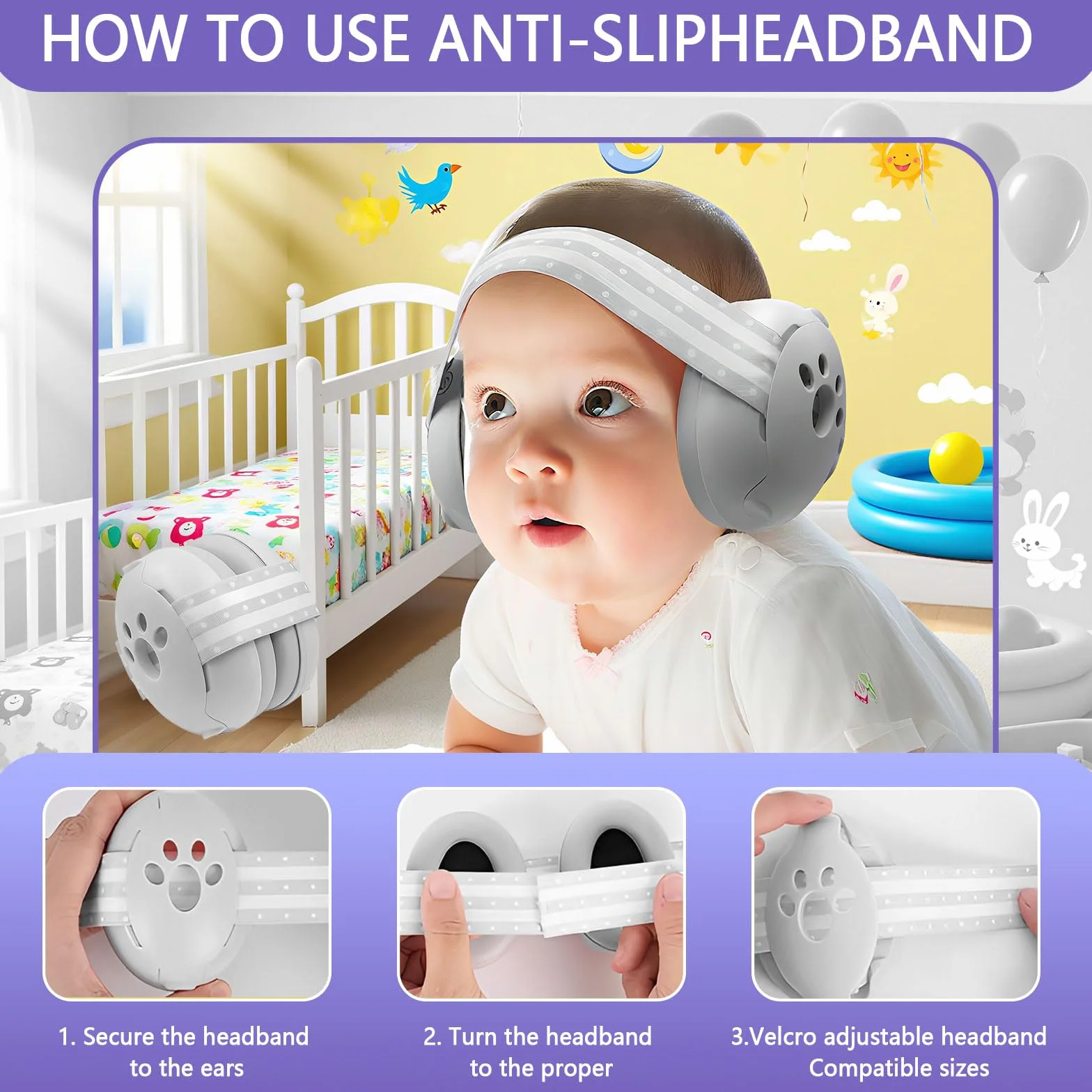 2 in 1 Cuffie Neonato Antirumore Protettori Acustici per Neonati Archetto Regolabile Antiscivolo e Antistress Protezione Acustica Ideale per Neonati Fino a 48 Mesi