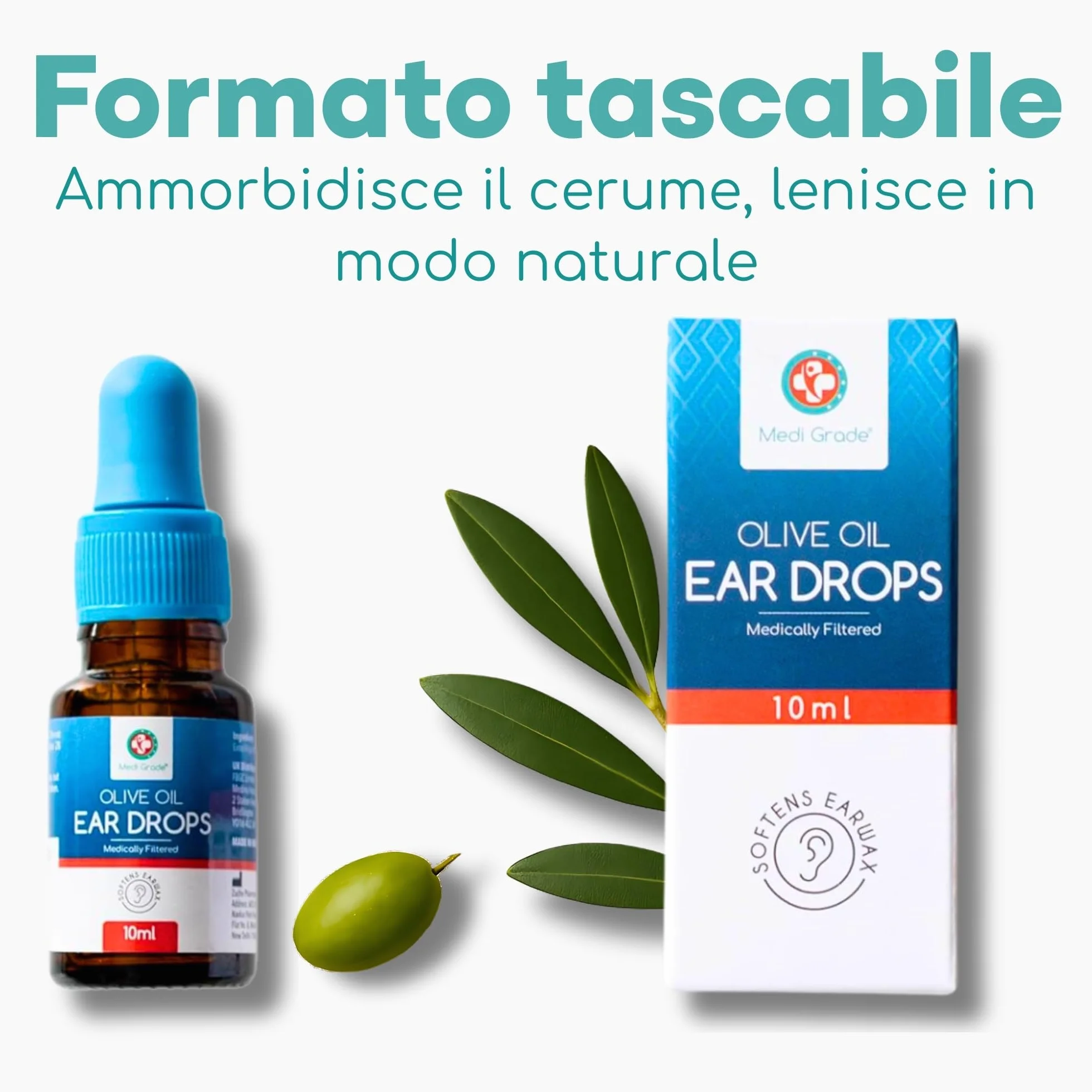 Medi Grade Gocce Auricolari all’Olio Oliva 100% Puro per Pulizia Orecchie – Olio per Rimozione Tappi di Cerume in Boccetta da 10 ml – Ammorbidisce e Rimuove i Tappi Orecchie – Sollievo Rapido