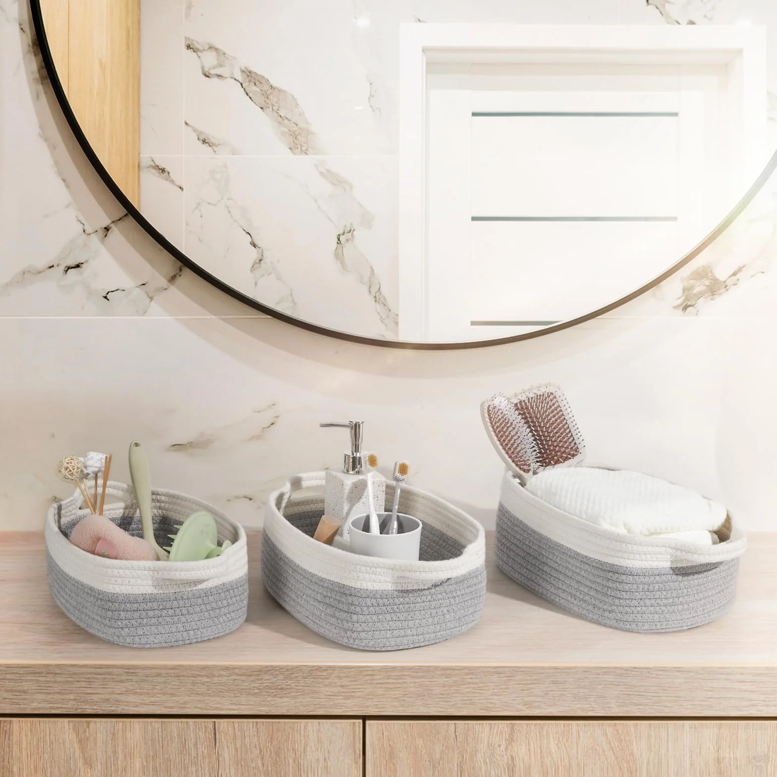 Cinnani Set di 5 Cestini Portaoggetti Intrecciato in Corda di Cotone, Impilabile Organizer Fasciatoio, Decorazione Cesto Portaoggetti per Bagno, Armadio, Camera da Letto, Soggiorno (Bianco/Grigio)