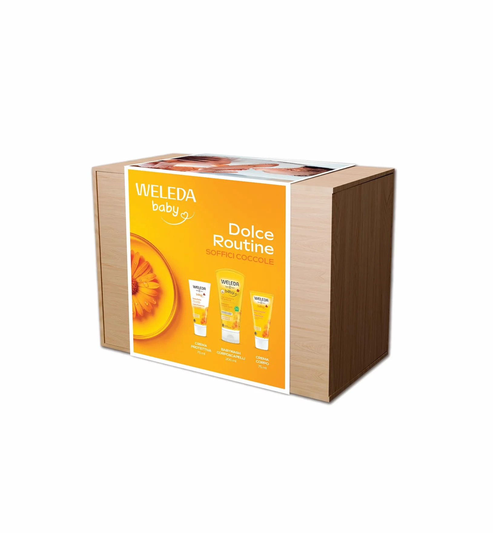 Weleda Kit Baby Dolce Routine, rituale di coccole per la pelle delicata dei più piccoli, contiente Babywash Calendula 200 ml, Crema Protettiva Calendula 75 ml, Crema corpo Calendula 50 ml