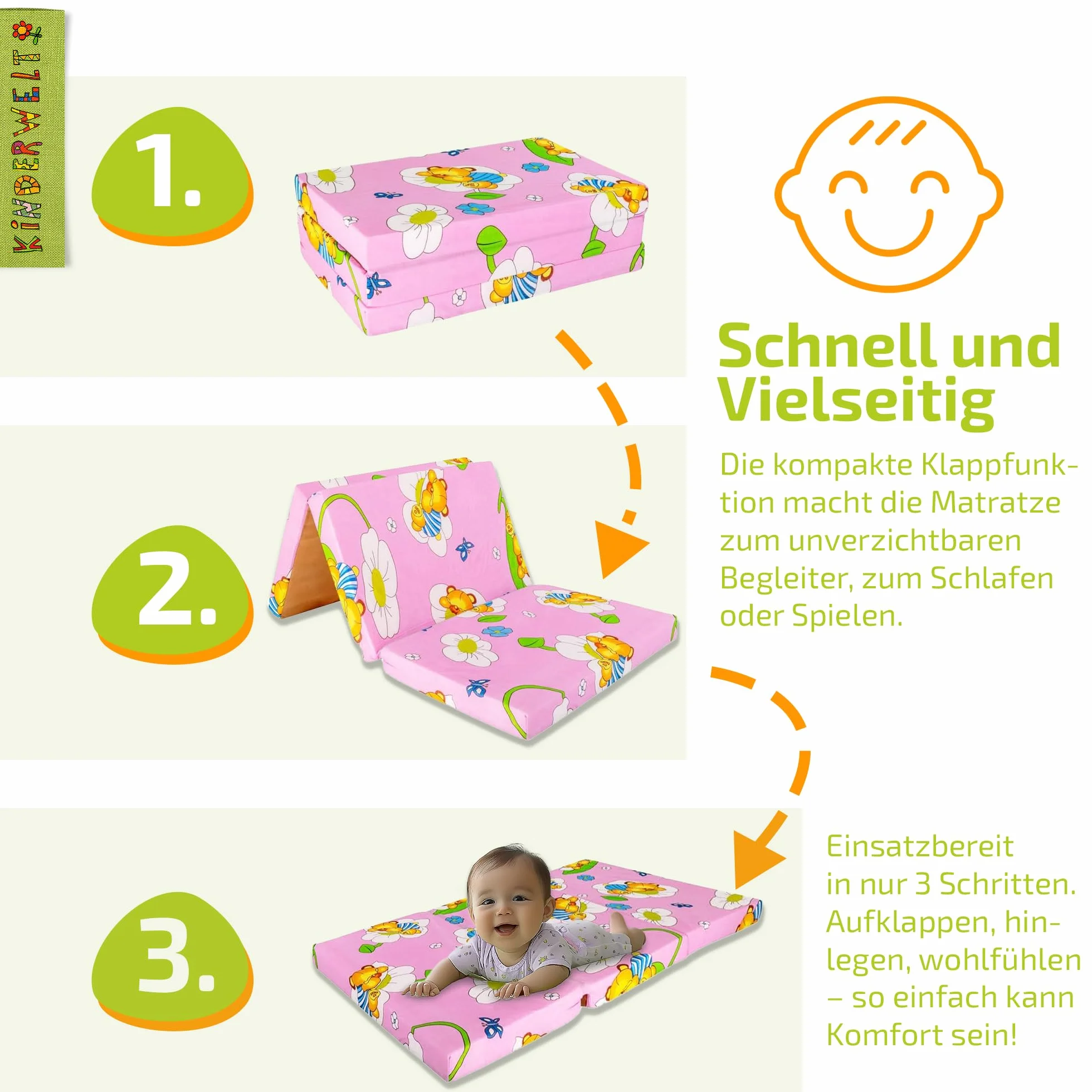 KiNDERWELT Materasso da viaggio per bambini, 120 x 60 cm, rosa, pieghevole, in schiuma fredda di alta qualità, prodotto in Germania
