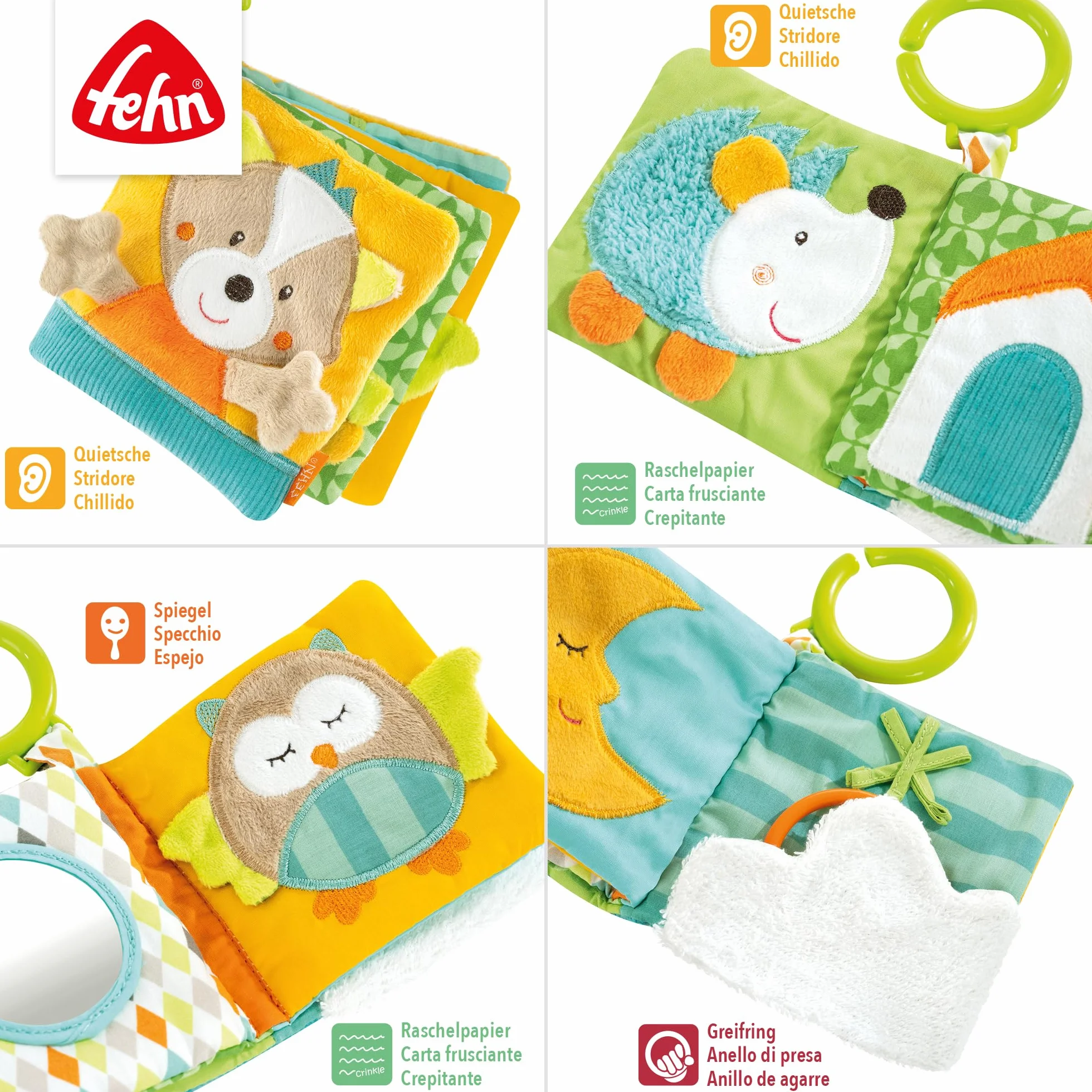 Fehn libro di stoffa volpe - Libro tattile con motivi animali - giocattolo da appendere al passeggino e al seggiolino auto - per neonati e bambini piccoli a partire da 0+ mesi