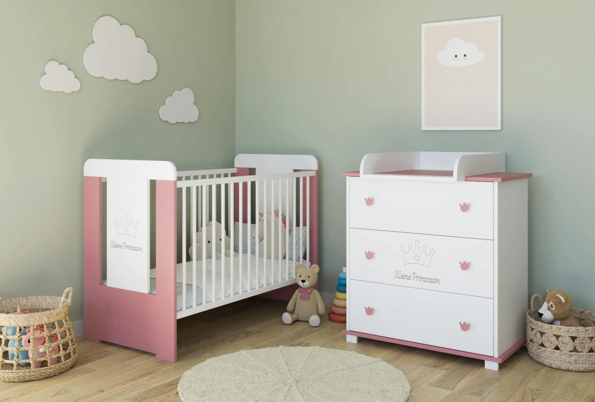 Kids Collective Cassettiera fasciatoio fasciatoio con attacco per fasciatoio con 3 cassetti e incisione Little Princess in bianco rosa ragazze Made in Europe