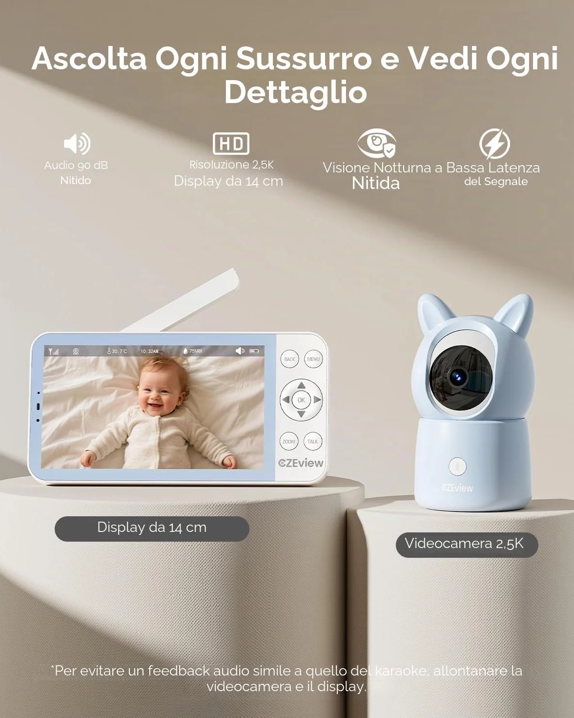 CZEview 5,5" 2.5K Baby Monitor Video e Audio, Luce Notturna & Musica, Telecamera Bambini, Controllo Tramite APP Mobile & Monitor (Blu)