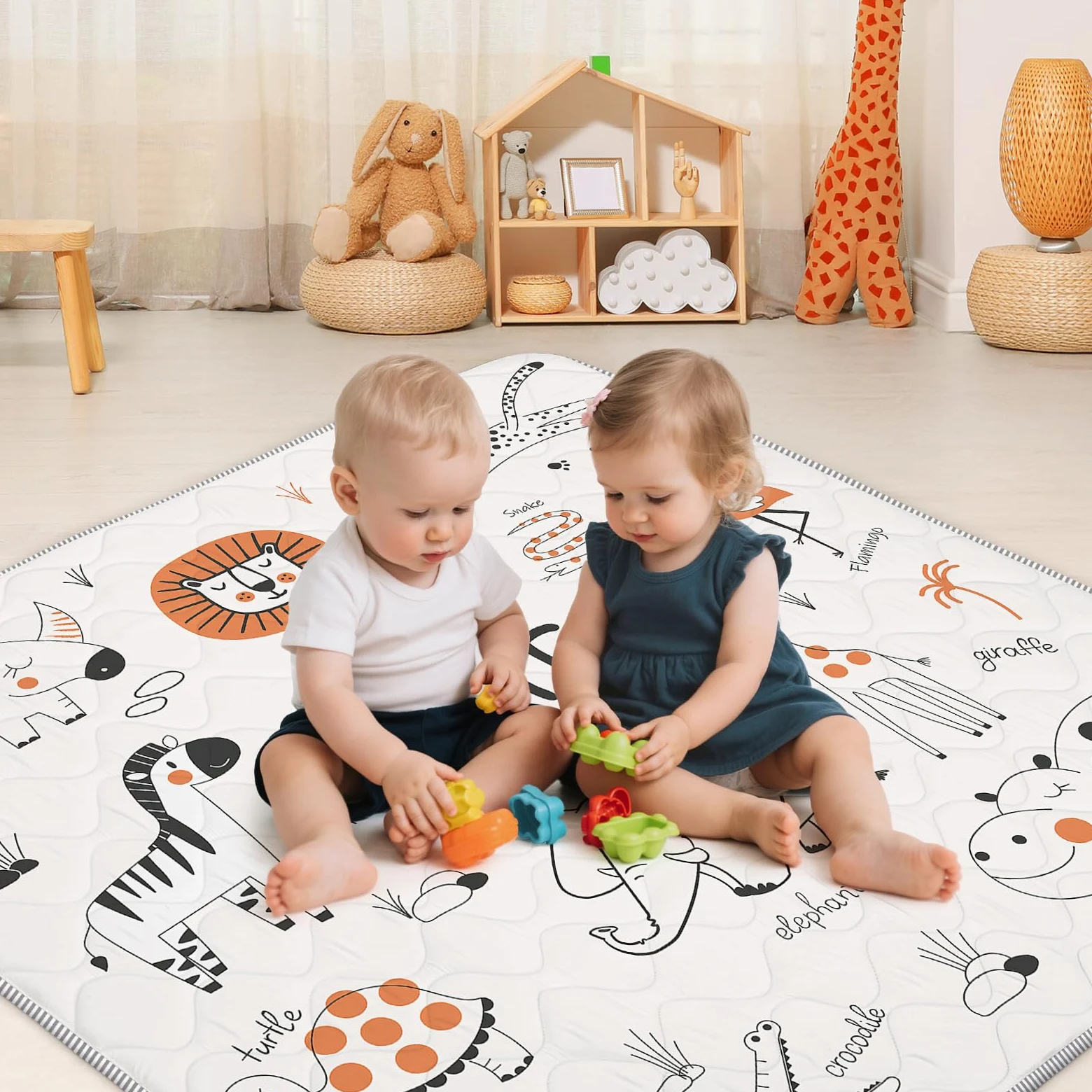 Tappetino per Giochi Bambino 127 * 127cm, Tappeto Attività Morbido con Imbottitura Spessa per Tempo a Pancia in Giù, Base Antiscivolo Sicura per Gattonamento, Animali linea