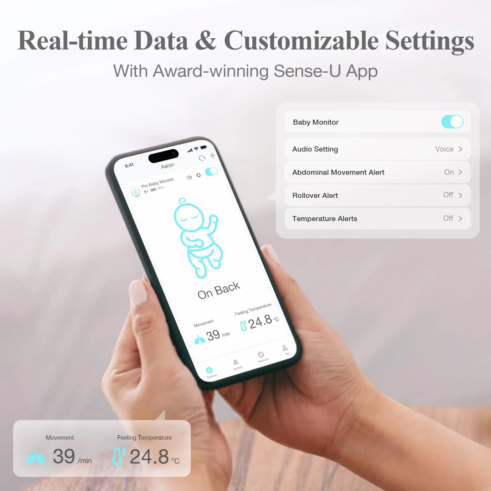 Sense-U Baby Monitor: traccia il movimento addominale, la temperatura, il ribaltamento e la posizione del sonno del tuo bambino (prato)