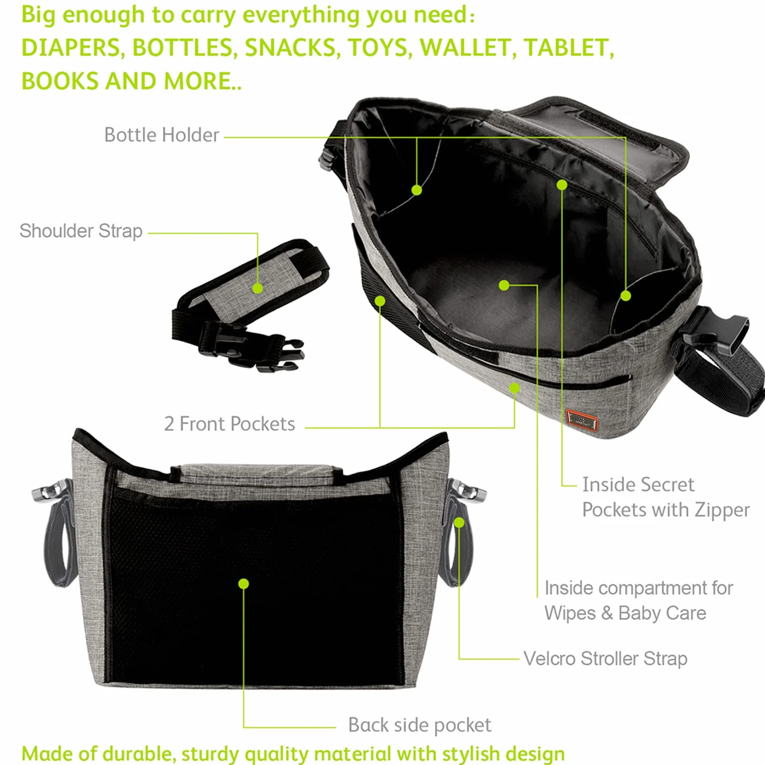 Borsa Per Passeggino, Custodia Per Passeggino Per Accessori Per Bambinio, Con 2 Portabicchieri E Tracolla, Utilizzata Come Borsa A Tracolla, Universale Per Tutti I Modelli Di Passeggini (Grigio)