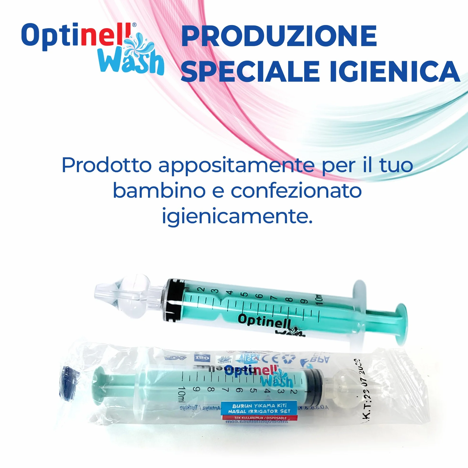 Optinell Wash – Siringa per Lavaggi Nasali Bambini 10ml con Beccuccio in Silicone Morbido | Kit Lavaggio Nasale per Neonato e Bambino | Senza BPA, Riutilizzabile, Igienico (2 Pezzi)