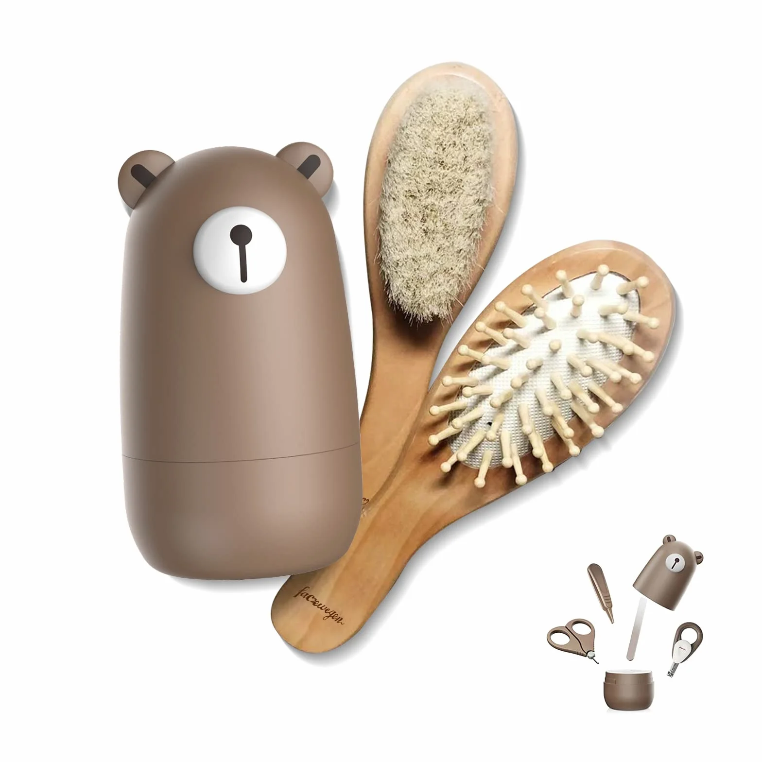 Set per la cura del bambino 6 in 1, spazzola e pettine in legno naturale, forbicine per unghie, lima per unghie e pinzette per bambini e neonati in simpatiche confezioni regalo (bronze-b)
