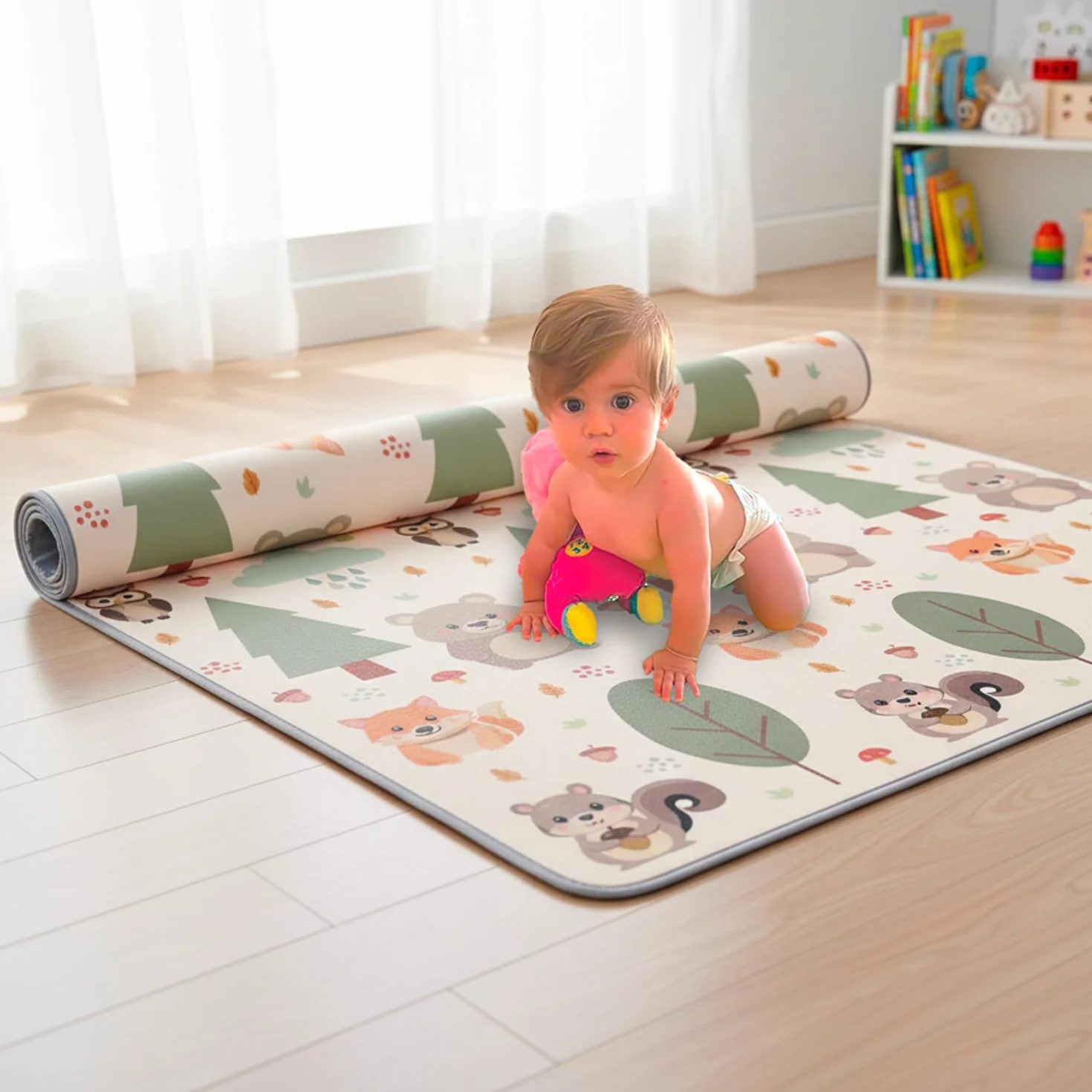 GIODICART Tappeto Gioco per Bambini, 200x150 cm, Spessore 10mm, Motivo Bosco con Animali, Arrotolabile