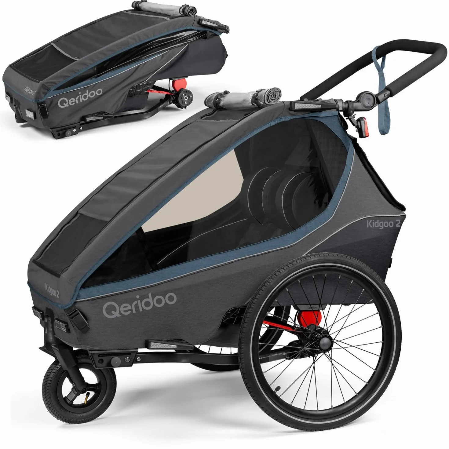 Qeridoo Rimorchio per bicicletta Kidgoo 2 blu navy con sistema di cinture a 5 punti e Easy ARS, pieghevole, con ruota girevole a 360 gradi e protezioni per la testa brevettate, per 2 bambini!