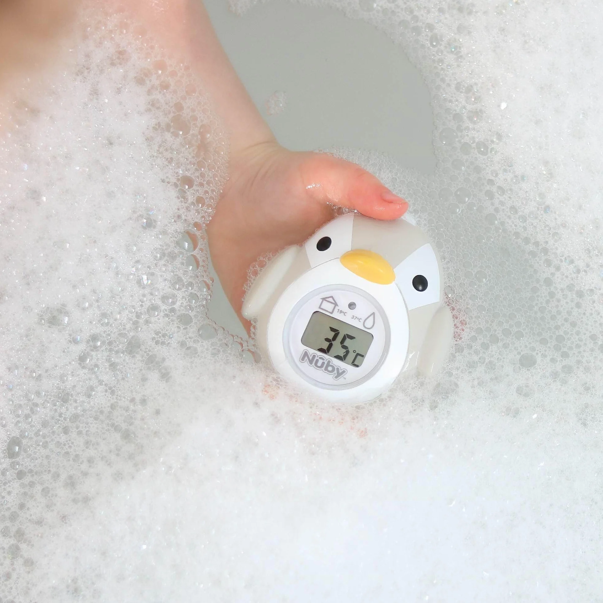 Nuby - Termometro da bagno per bambini a forma di pinguino - Schermo di facile lettura - Senza BPA - Grigio - Adatto a partire da 0 mesi