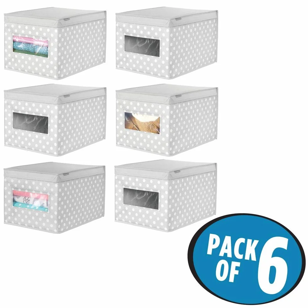 mDesign Set da 6 scatole portaoggetti impilabili con Finestra Trasparente – Box Grande con Coperchio per la Stanza dei Bimbi – Cesta per Vestiti in Fibra Sintetica a Pois – Grigio ianco