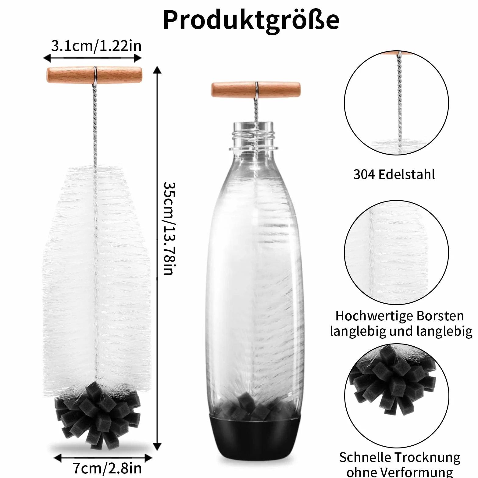 Scovolino per Bottiglie e Borracce 35cm, Pulizia Profonda Vetro/Biberon, Spazzola Densa per Sporco Ostinato, Lavabottiglie Senza Graffi, Residui e Odori