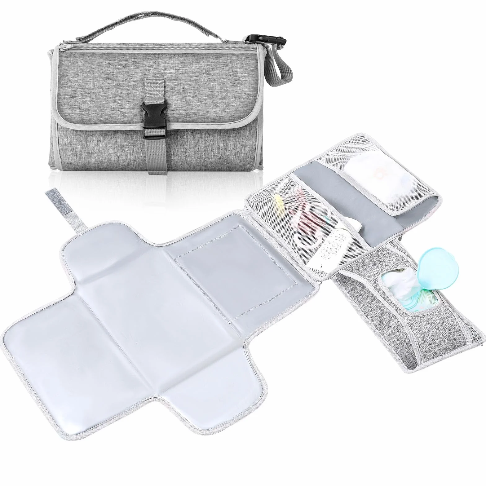 Romon Fasciatoio Portatile, Fasciatoio Viaggio Pieghevole Impermeabile Borsa Materassini Composta da 4 Tasche Insieme a un Dispenser di Salviette, Accessori Utili, Grigio