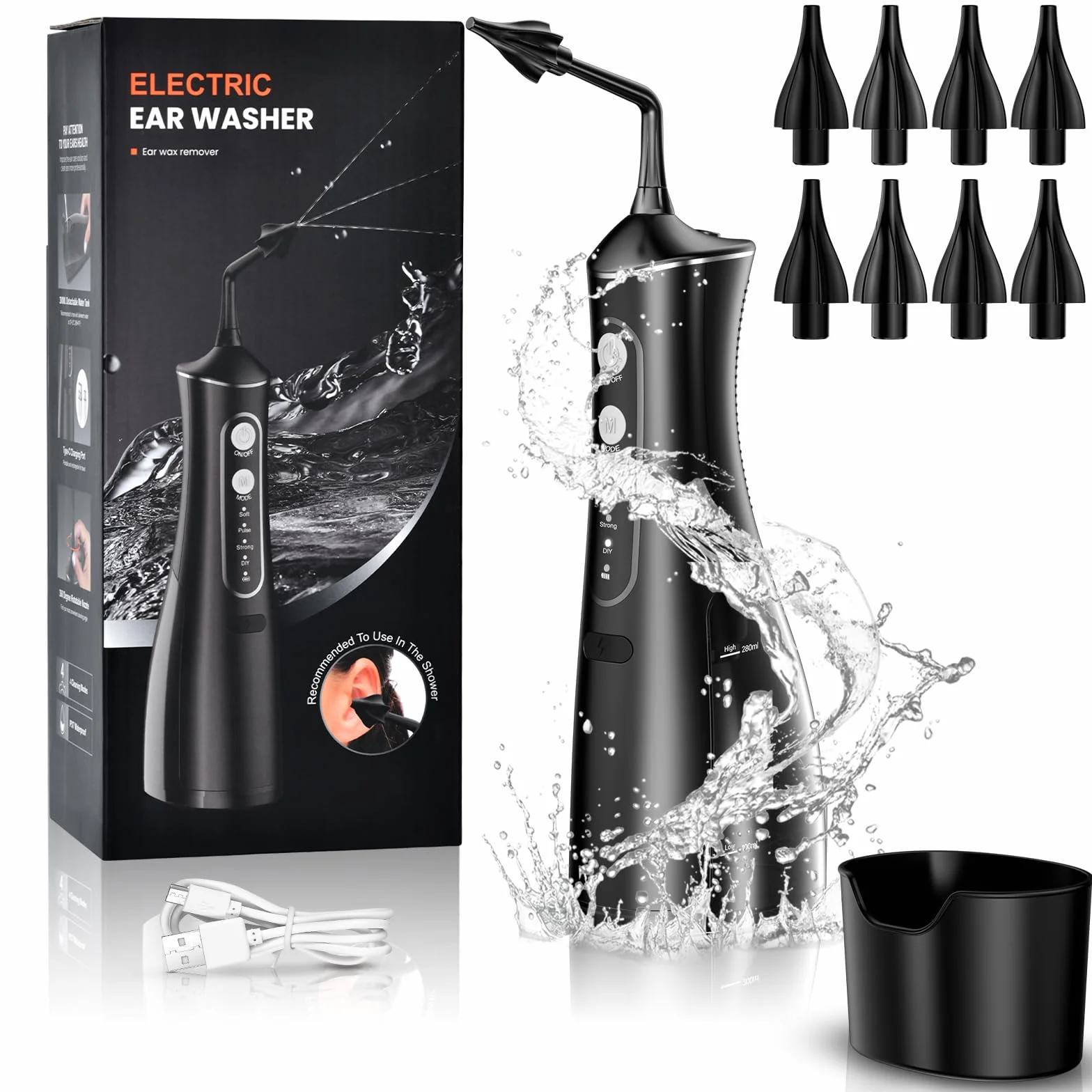 Onherm Cerume Orecchie Pulitore Elettrico Ricaricabile, Kit per Pulizia Orecchie con 4 Modalità per Adulti e Bambini, Kit per Pulisci Orecchie Cerume con 4 Tappi Orecchie e Bacinella