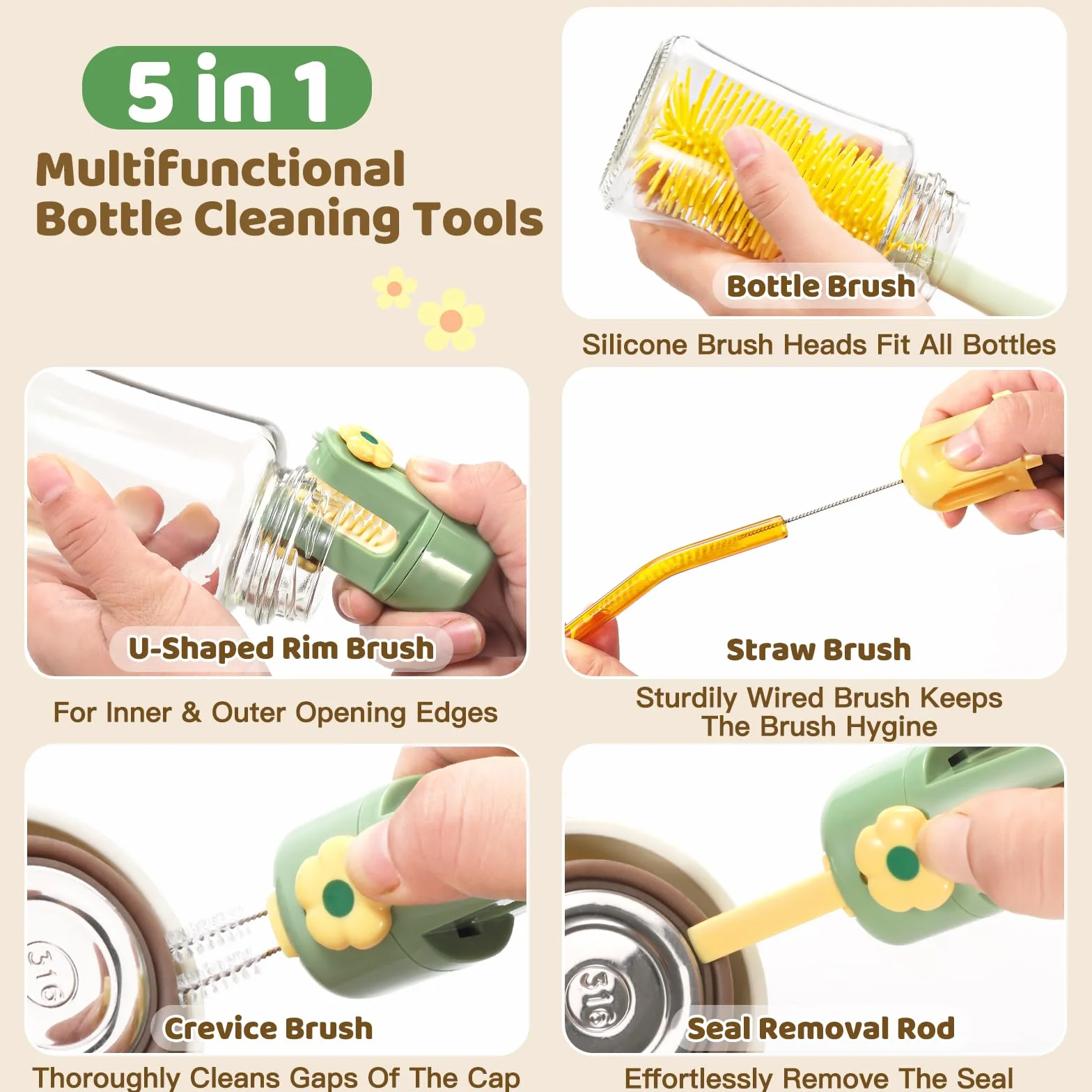 Pack de 2 Scovolino Biberon, 5-in-1 Scovolino Per Bottiglie con Spazzolino Integrato per Tettarelle, Cannucce, Pulisciorlo a U e Gancho Extractor, Durevole & Compatto, Verde