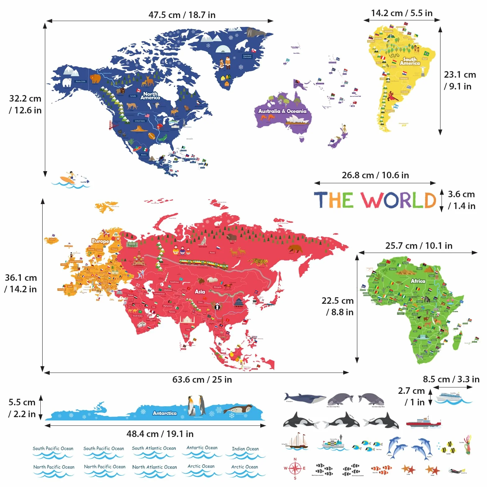 DECOWALL Mappa del Mondo Adesivo da Parete – Adesivo Removibile per Bambini, Decorazione Educativa per Camera da Letto, Stanza dei Bambini e Soggiorno (SG2-115)