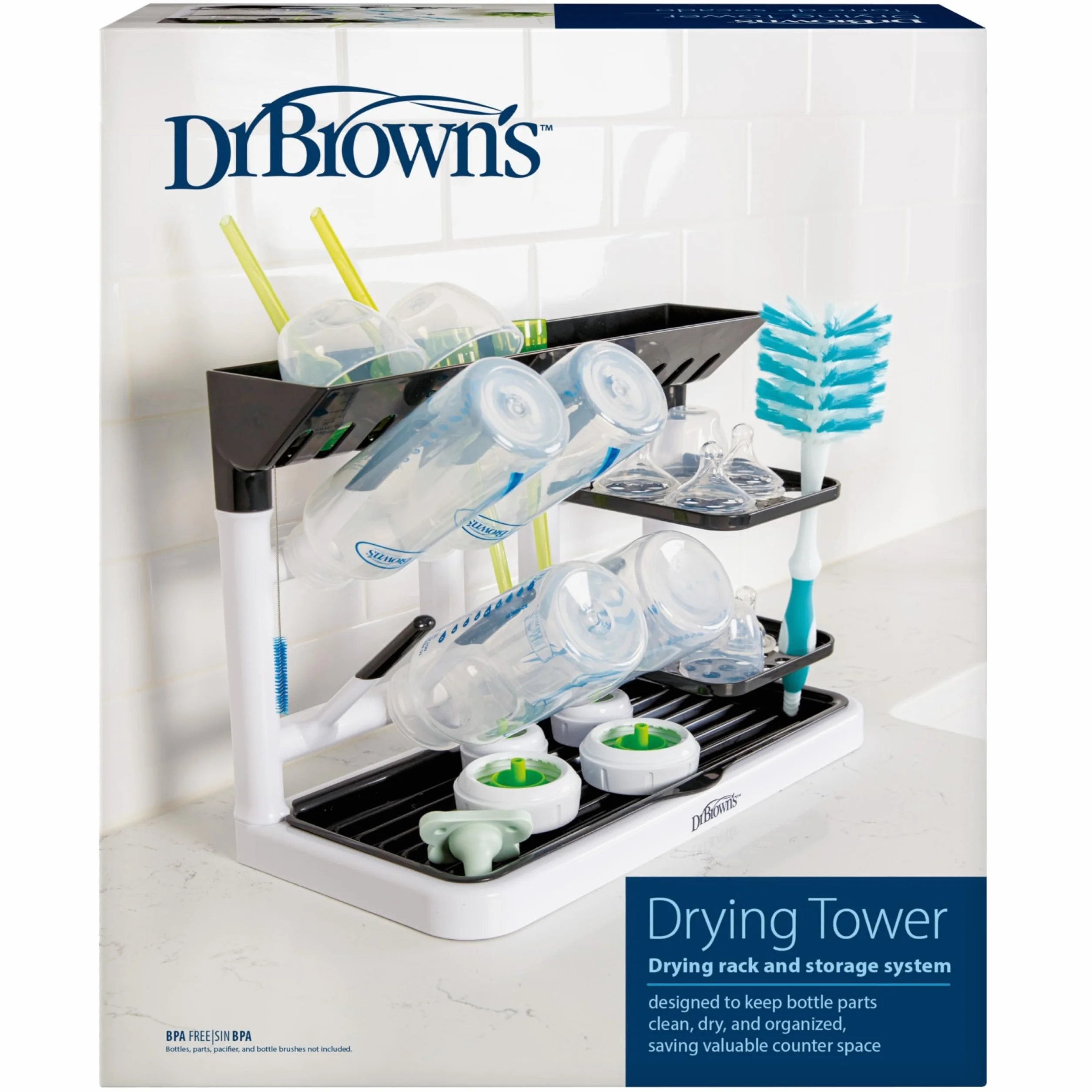 Dr. Brown's Drying Tower, Stand-Up Drying Rack, Countertop Baby Bottle Drying with Organized Storage for Baby Essentials, Space Saving Vertical Rack