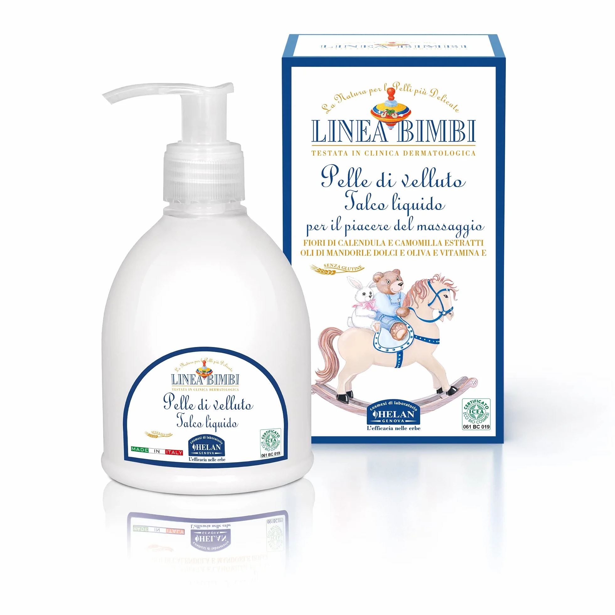 Helan, Linea Bimbi, Pelle di Velluto, Talco Liquido Neonato e Bambini con Calendula e Vitamina E, Ideale per Massaggio al Corpo, Pelle Morbida e Fresca con Olio di Mandorle e Oliva - 240 ml