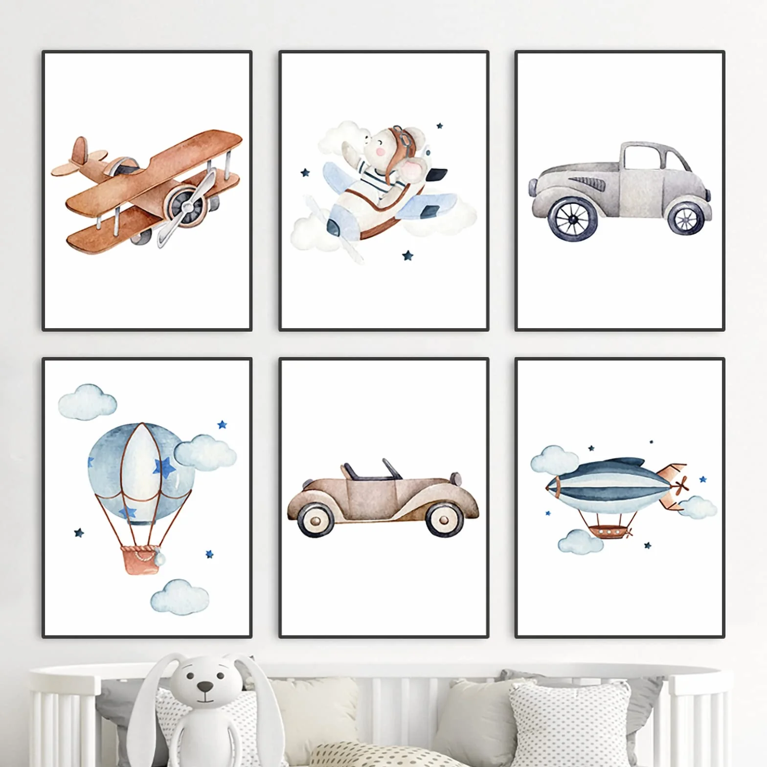 CULASIGN Set di 3 poster per cameretta dei bambini, formato A4, senza cornice, decorazione da parete per bambini, immagini per bambini, auto, aeroplani, palloncini caldi (DEF, 30 x 40 cm)