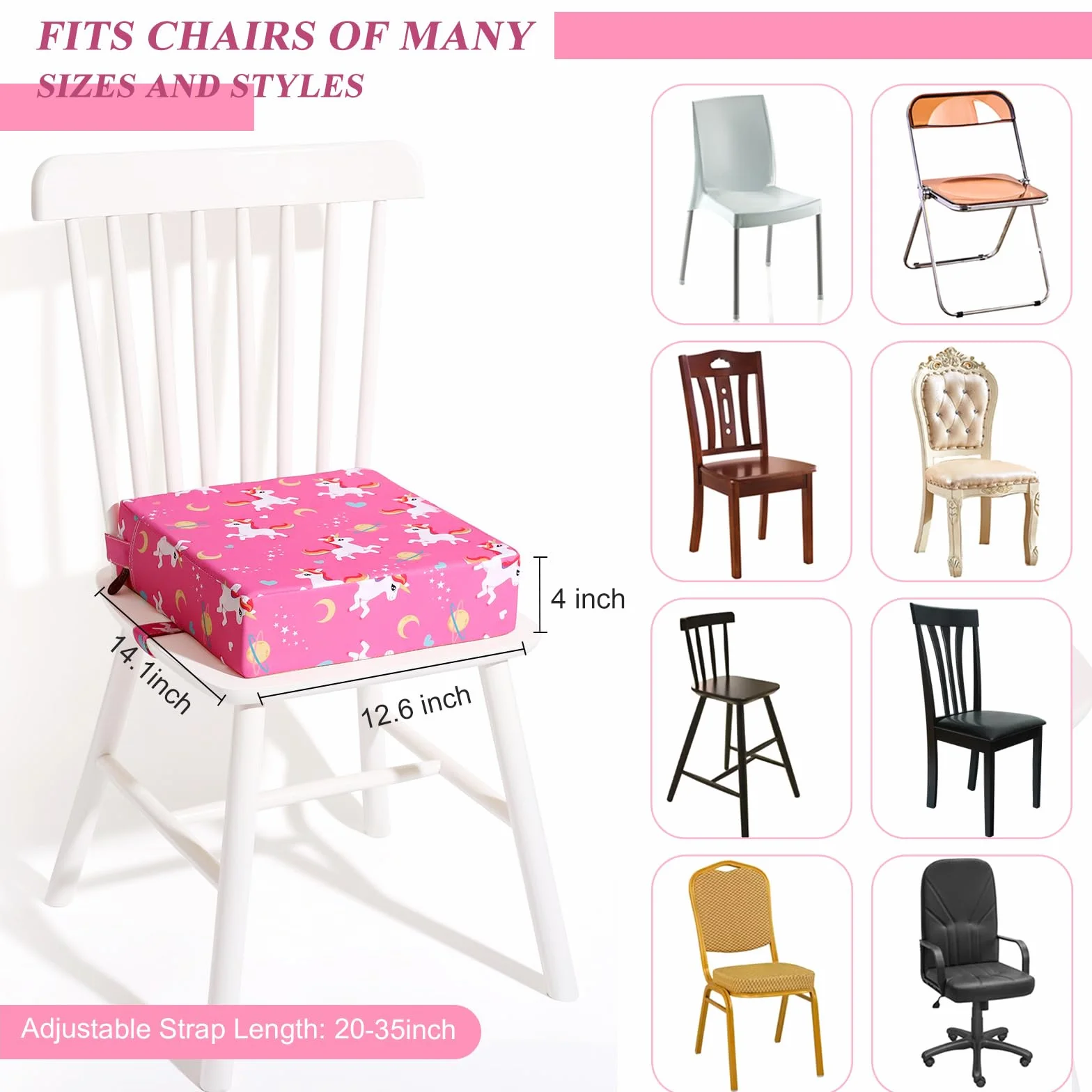 Rialzo Sedia Bambini Lavabile Rimovibile Portatile Cartone Animato Rialzo Sedia Bambini da Tavolo 2 Regolabile Cinghiette Antiscivolo Alzasedia Bambini Portatile per Usare Casa Viaggio(Rosa)
