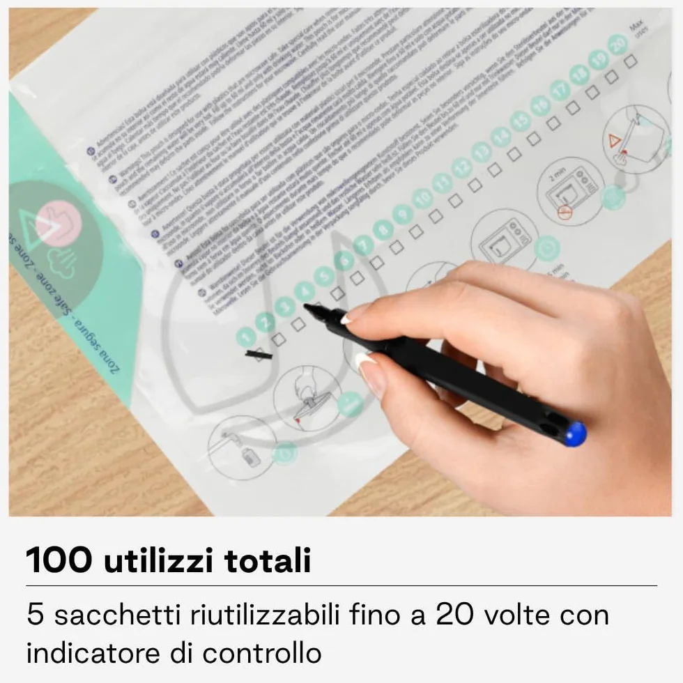 Jané Sacchetti per sterilizzazione a microonde, riutilizzabili, 5 pezzi, sterilizzazione a vapore in 3 minuti