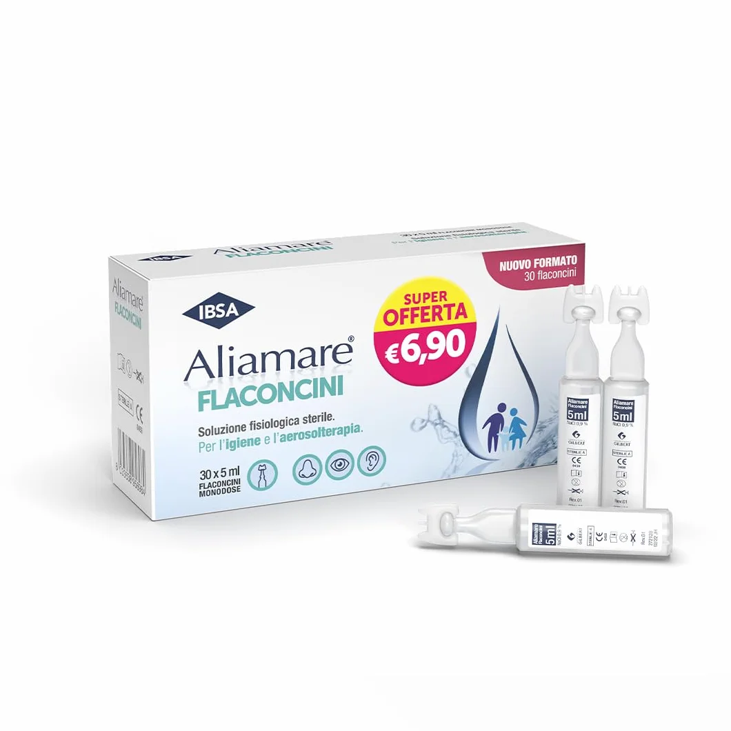 IBSA Aliamare - 30 flaconcini monodose | Soluzione fisiologica, sterile, indicata per l'igiene e l’aerosolterapia. Per adulti e bambini, anche neonati