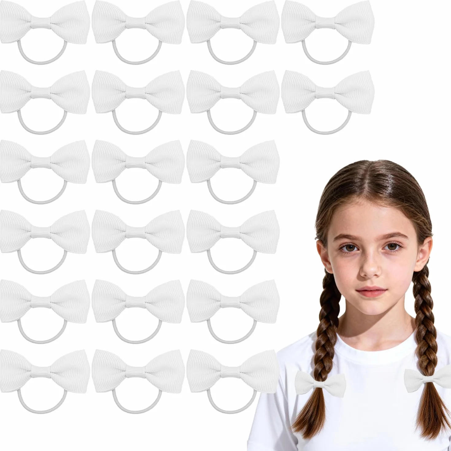 Set 20 Elastici per Capelli Bambini, Nastri Elastici con Fiocchi Bianchi, Accessori per Capelli Scuola e Quotidiani, Bambini & Donne