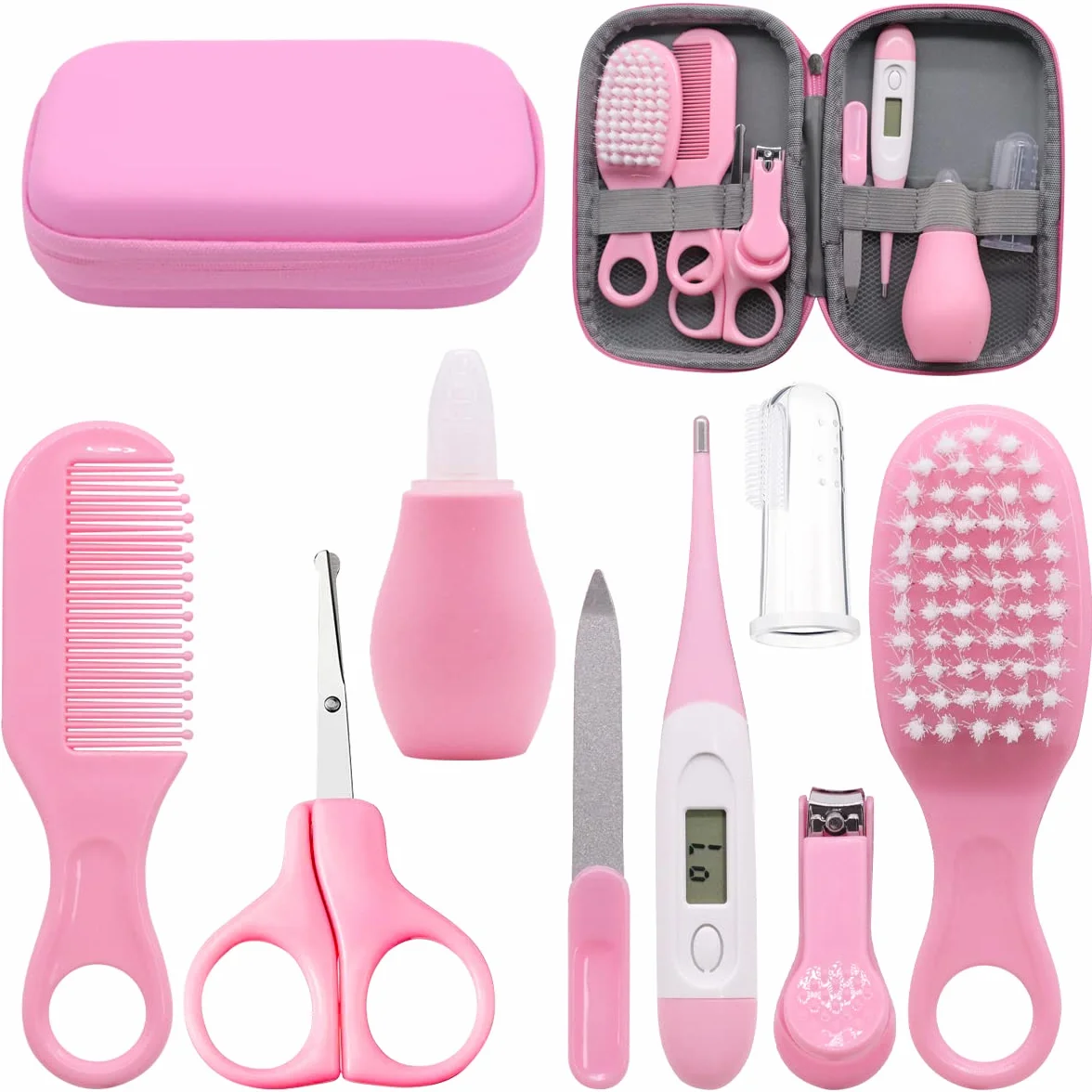 8 Pezzi Kit per la Cura del Neonato, Set per la Cura del Bambino, con Spazzolini da denti,Tagliaunghie, Accessorio per la Cura del Bambino per Viaggi e Casa Ragazzo Ragazza (rosa)