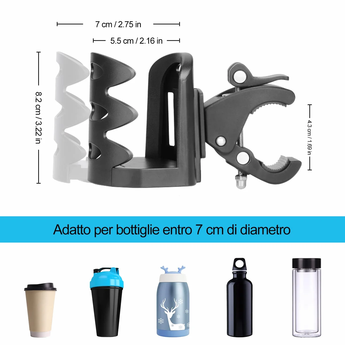 supregear Portabicchieri per Passeggino, Universale Rotazione a 360 Gradi portabicchiere passeggino, Elevata stabilità Porta Borraccia per Bici, Passeggini, Sedie a Rotelle, Moto, Nero