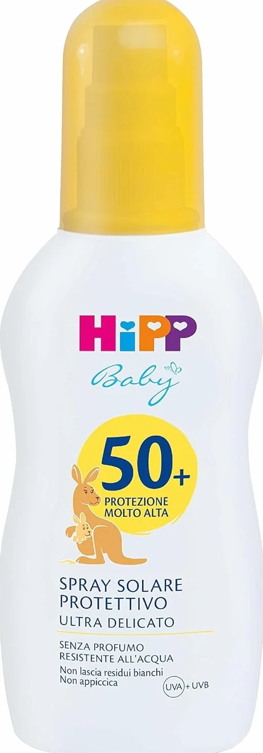 HiPP - Baby - Spray Solare Protettivo per Bambini, SPF 50+, Protezione dai Raggi UVA e UVB, Resistente all'Acqua, Anti Scottature, Ultra Delicato, 1 Spray da 150 ml