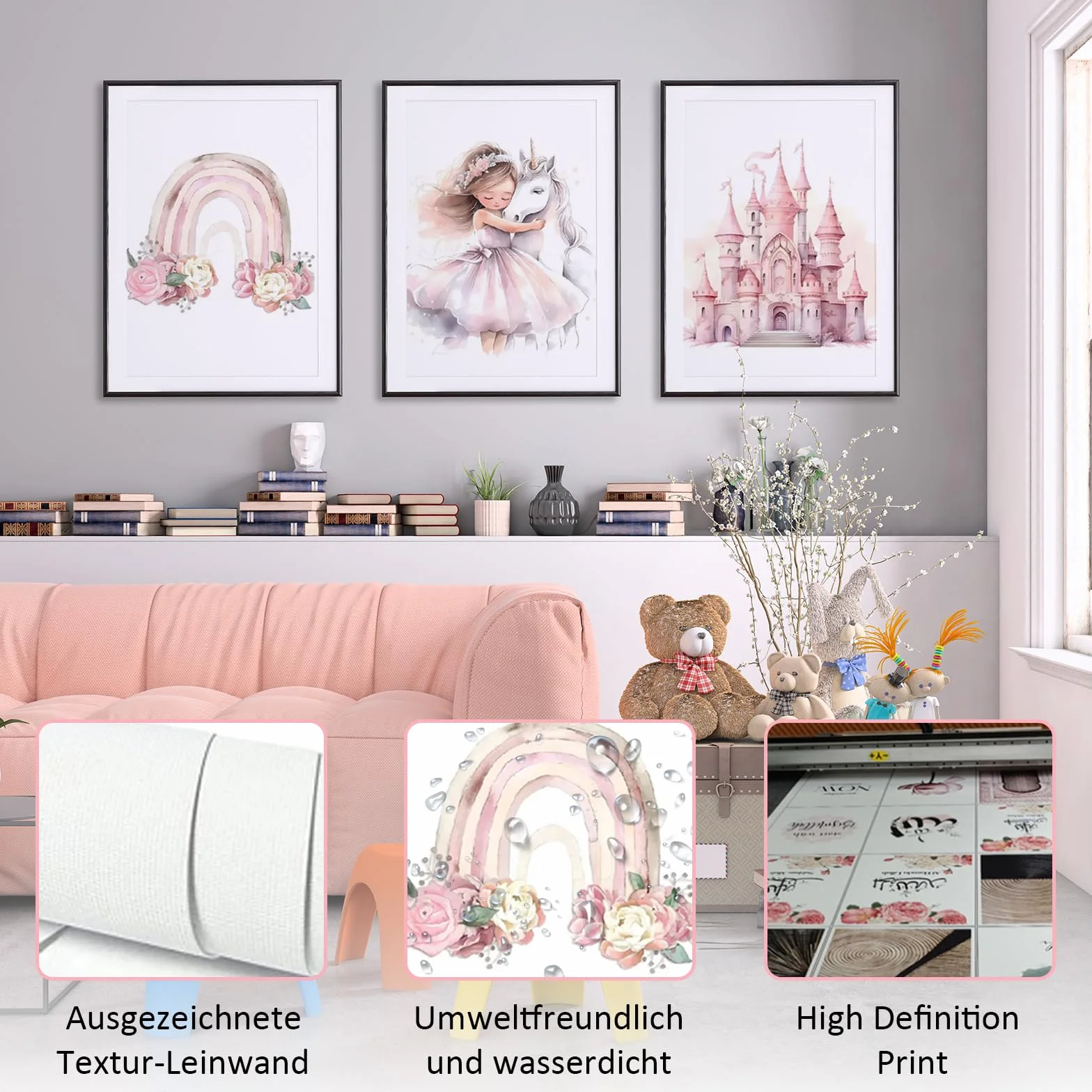 Zamety Poster da Parete Ragazza, Quadro Camera da Letto 30×40cm, Set di 3 Poster Arcobaleno Unicorno Principessa e Castello, Stampe da Parete Adatto per Camerette per Bambine, Senza Cornice